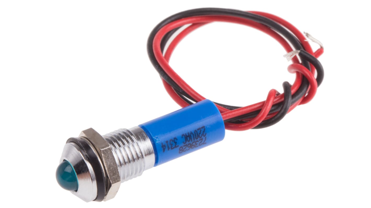 RS PRO Blue Panel Mount Indicator, 220V ac, 8mm Mounting Hole Size, Lead Wires Termination, IP67