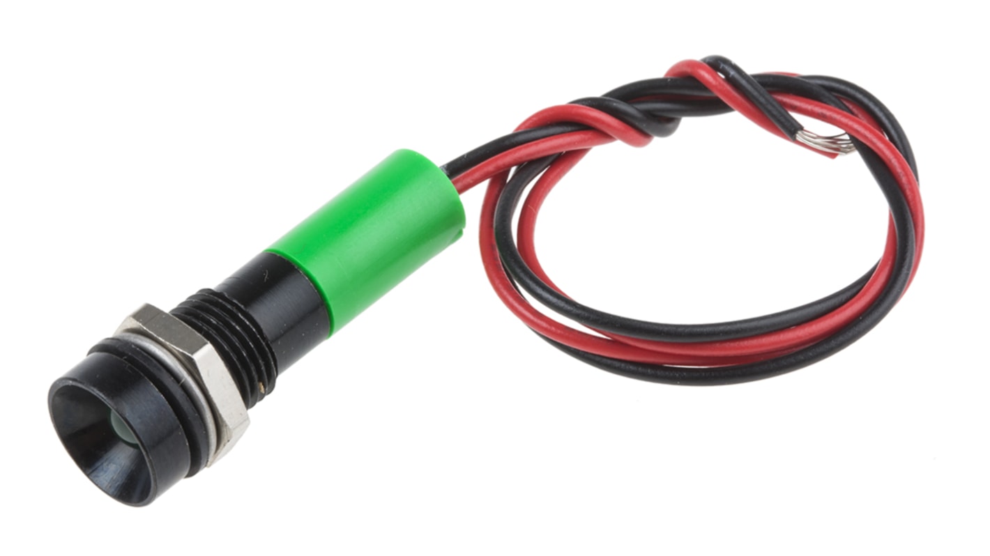 RS PRO Green Panel Mount Indicator, 110V ac, 8mm Mounting Hole Size, Lead Wires Termination, IP67