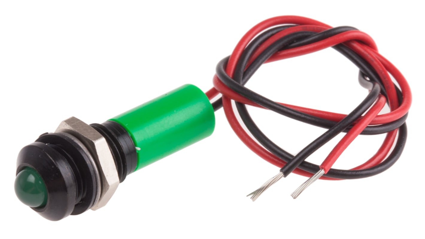 RS PRO Green Panel Mount Indicator, 110V ac, 8mm Mounting Hole Size, Lead Wires Termination, IP67