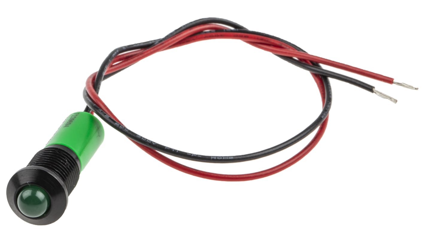 RS PRO Green Panel Mount Indicator, 220V ac, 8mm Mounting Hole Size, Lead Wires Termination, IP67