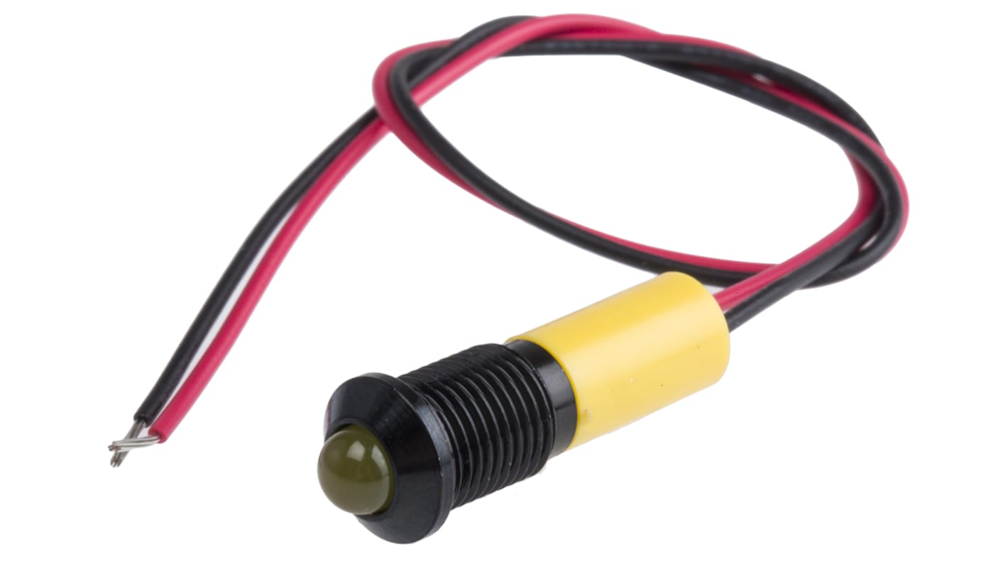 RS PRO Yellow Panel Mount Indicator, 220V ac, 8mm Mounting Hole Size, Lead Wires Termination, IP67