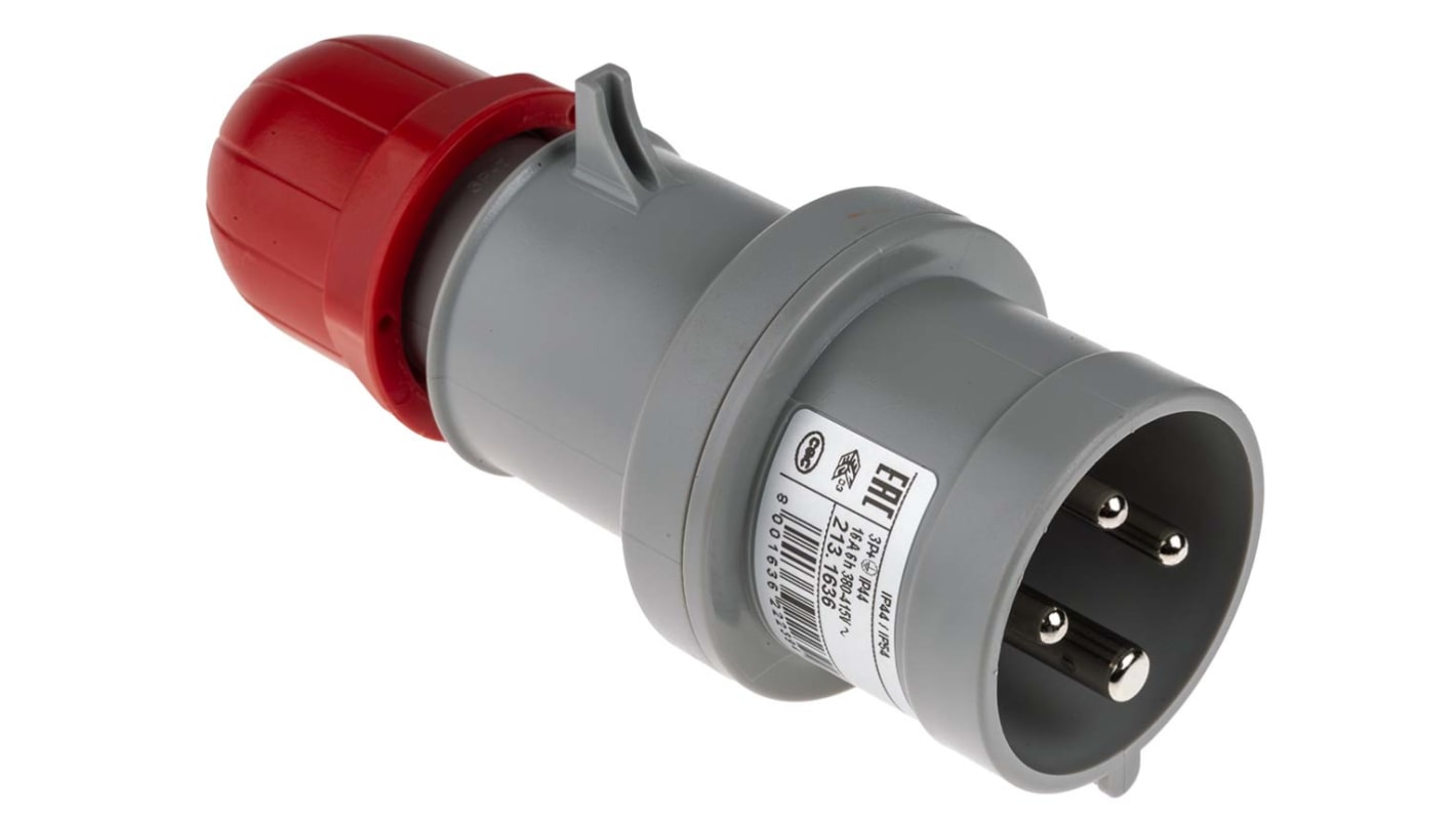 Conector de potencia industrial Macho, Formato 3P + E, Orientación Recto, Rojo, 415 V, 16A, IP44