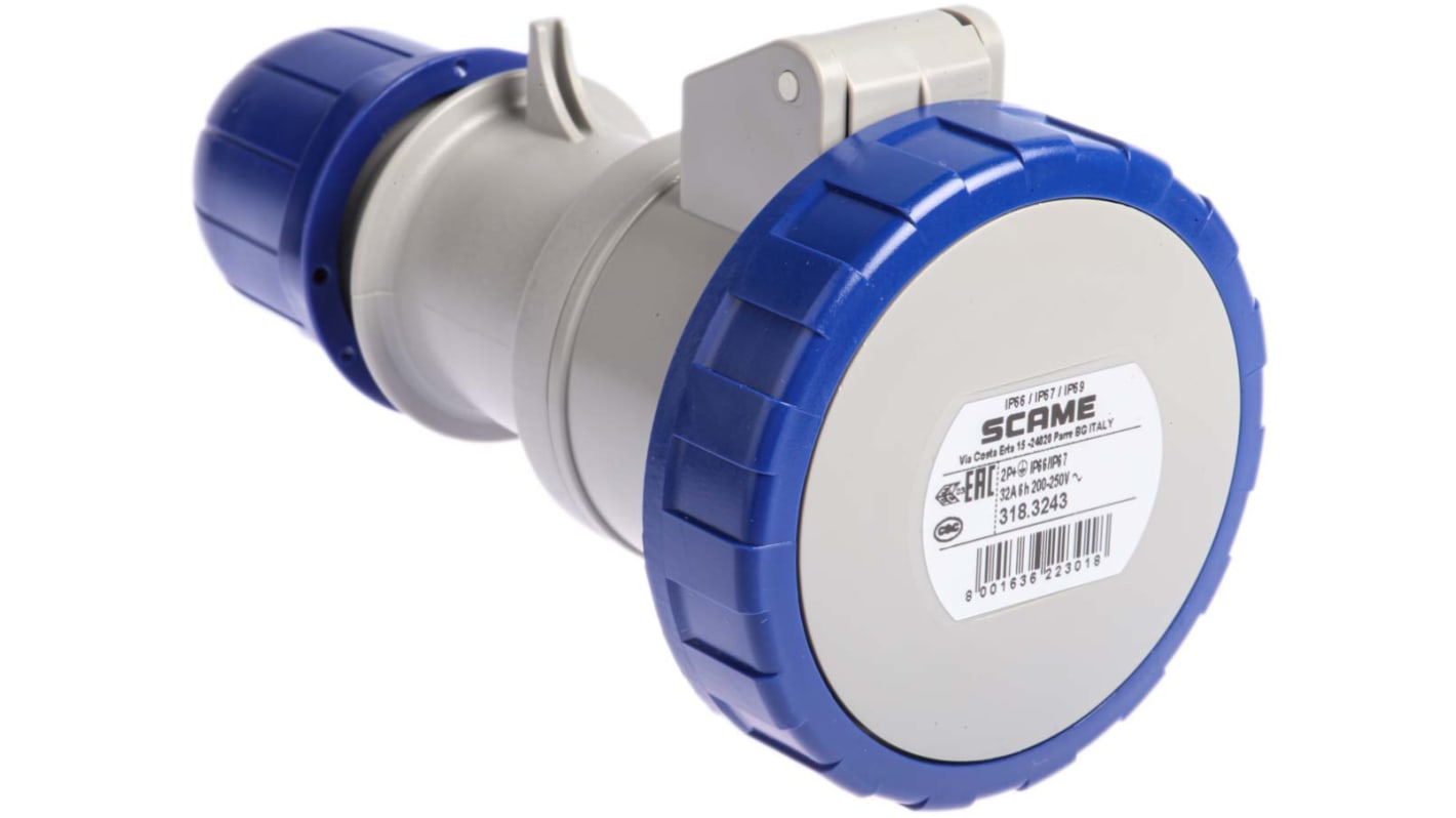 Scame IP66, IP67 Blue Cable Mount 2P + E Industrial Power Socket, Rated At 32A, 230 V