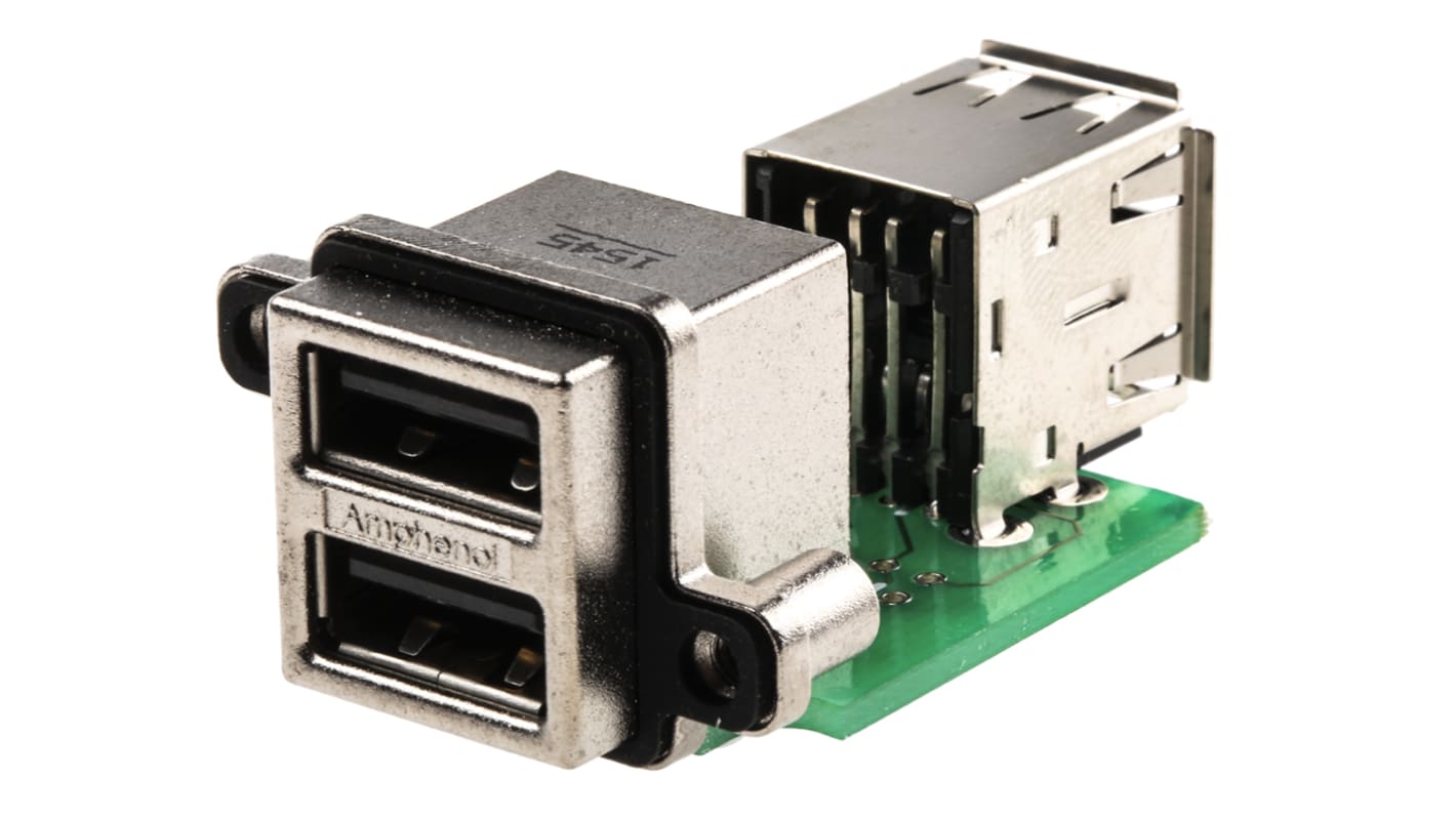 Conector USB Amphenol ICC MUSBC31130, Hembra, 2 puertos, Ángulo de 90° , Montaje en orificio pasante, 100,0 V., 1.5A,