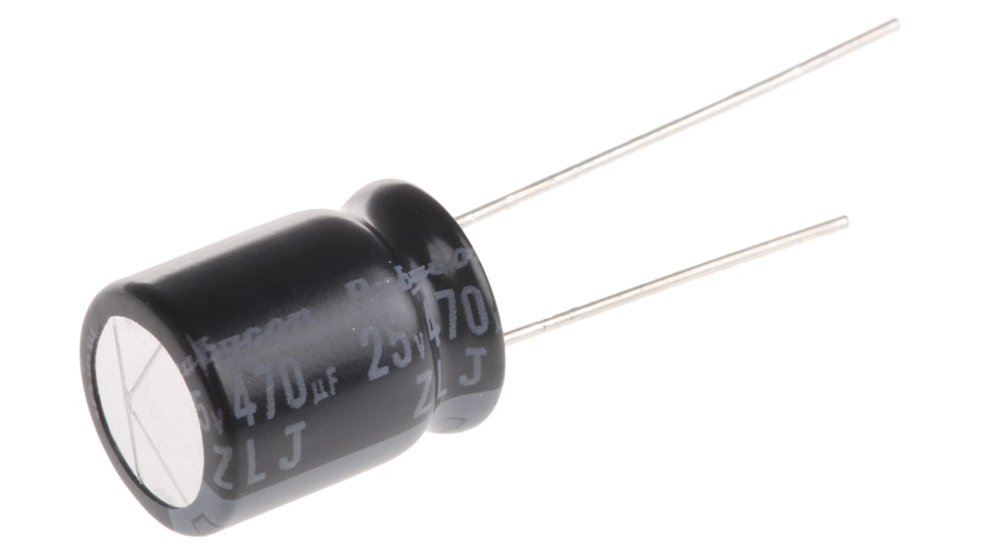 Condensador electrolítico Rubycon serie ZLJ, 470μF, ±20%, 25V dc, Radial, Orificio pasante, 10 (Dia.) x 12.5mm, paso 5mm