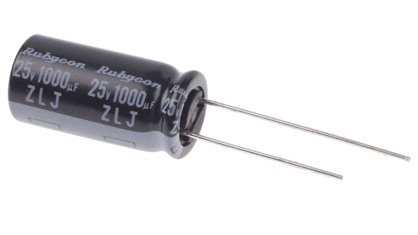 Condensador electrolítico Rubycon serie ZLJ, 1000μF, ±20%, 25V dc, Radial, Orificio pasante, 10 (Dia.) x 20mm, paso 5mm