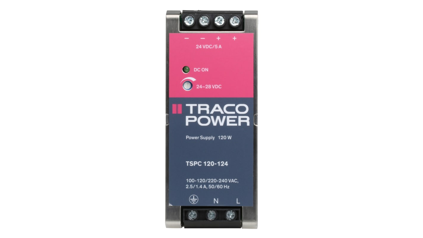 TRACOPOWER 264 V ac Switched Mode DIN Rail Power Supply, 85 → 264V ac ac Input, 24V dc dc Output, 5A Output, 120W