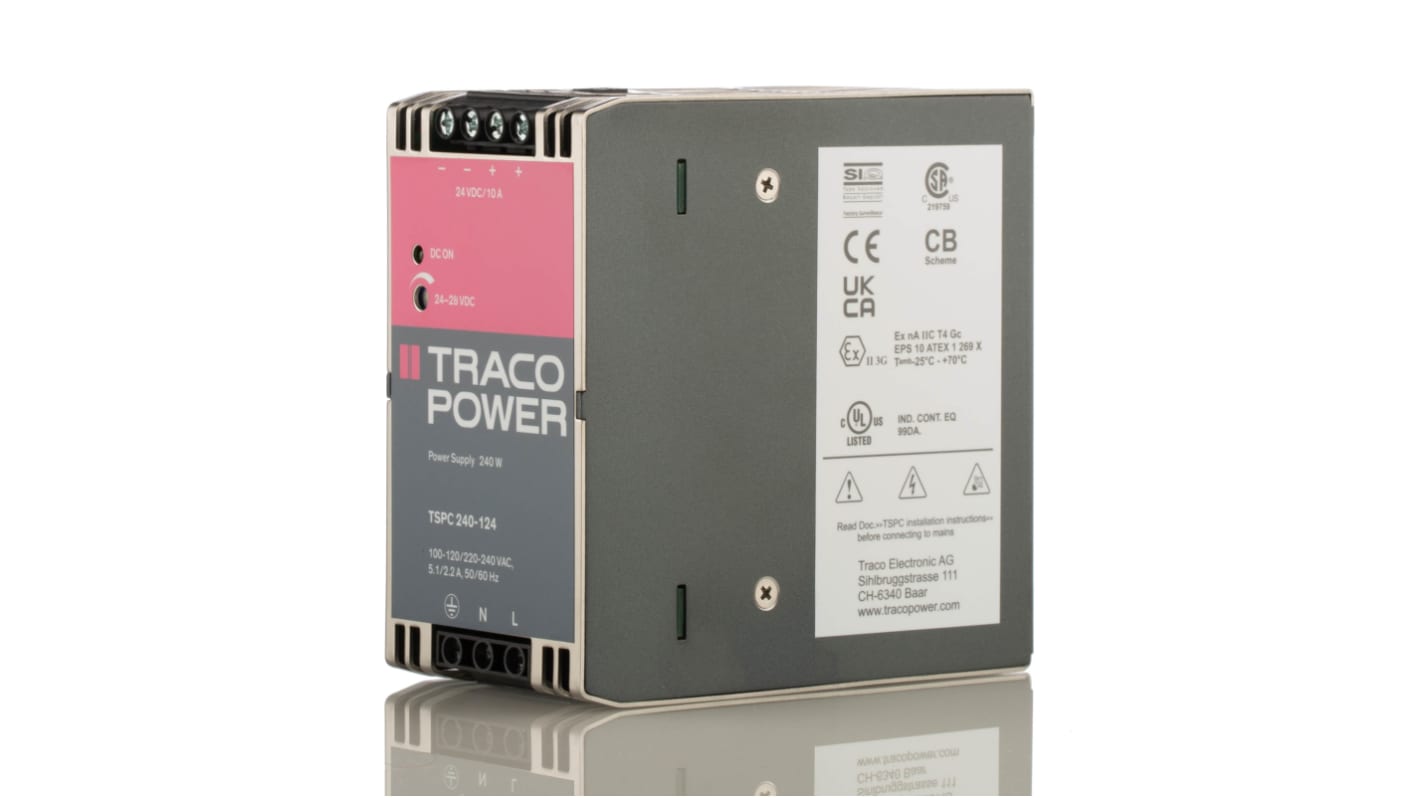 TRACOPOWER TSPC Switch Mode DIN Rail Power Supply, 85 → 264V ac ac Input, 24V dc dc Output, 10A Output, 240W