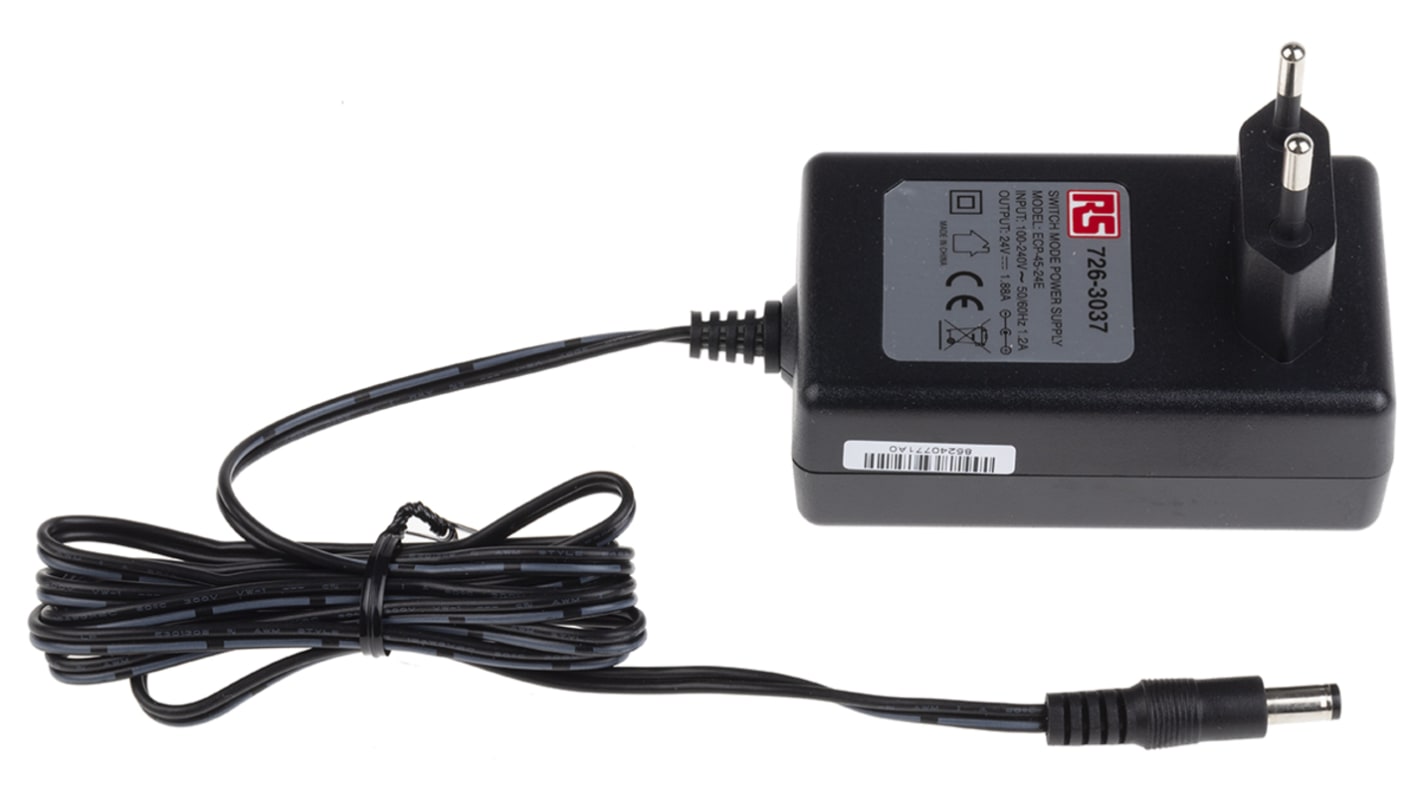 RS PRO Steckernetzteil 45W, 90 → 264V ac, 24V dc / 1.88A