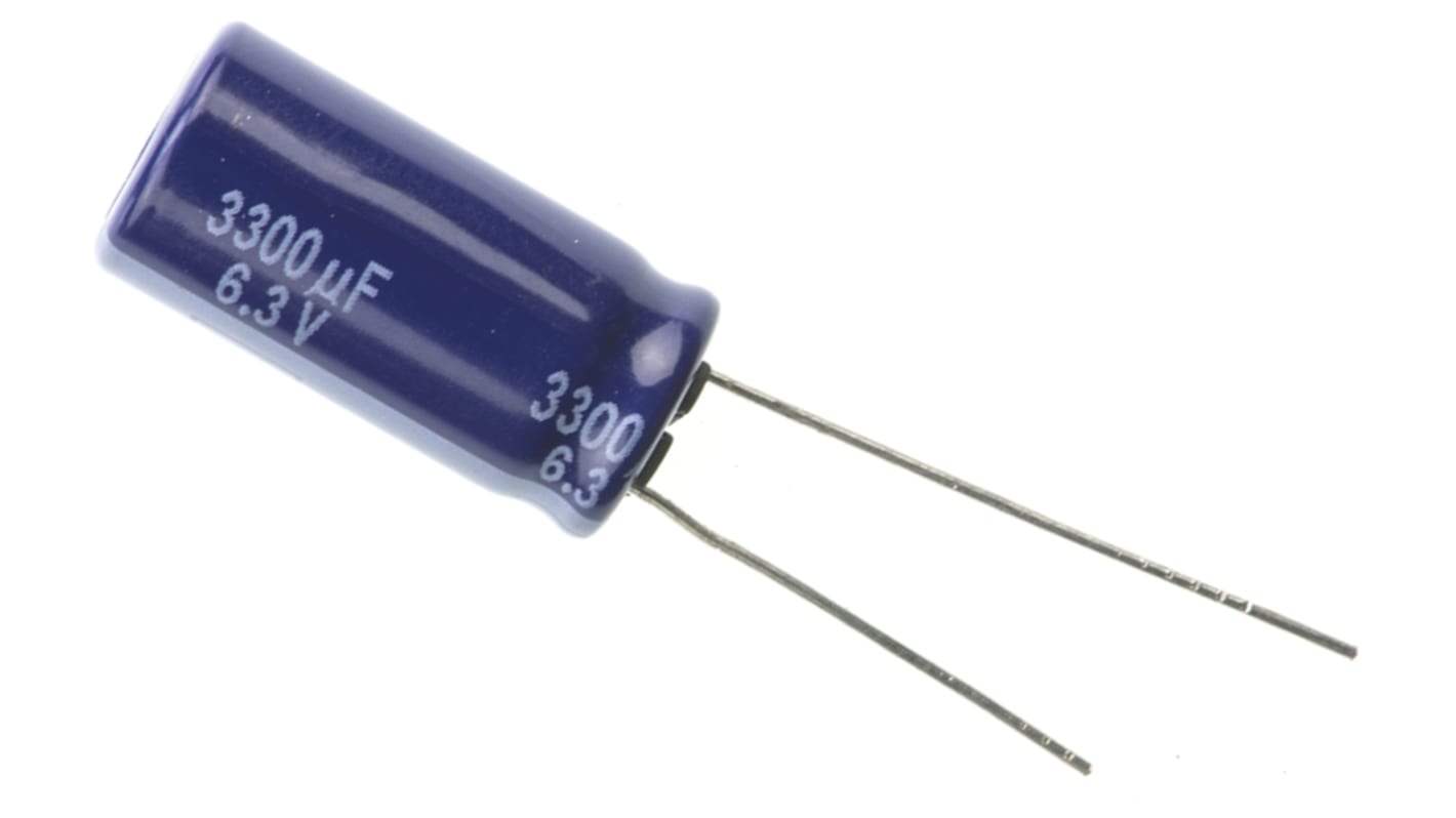 Condensador electrolítico Panasonic serie M-A, 3300μF, ±20%, 6.3V dc, Radial, Orificio pasante, 10 (Dia.) x 20mm, paso