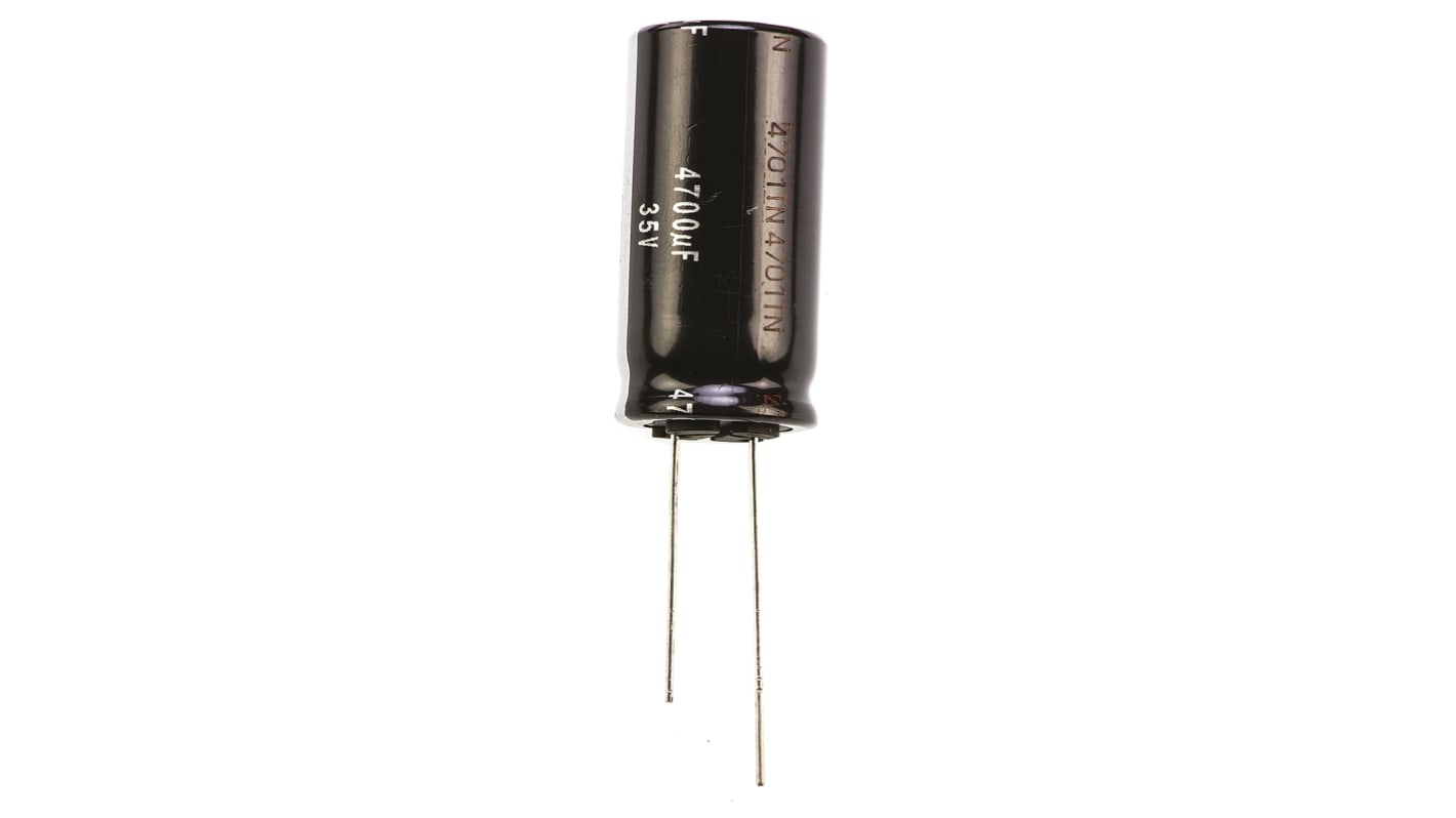 Condensador electrolítico Panasonic serie NHG, 4700μF, ±20%, 35V dc, Radial, Orificio pasante, 18 (Dia.) x 35.5mm, paso