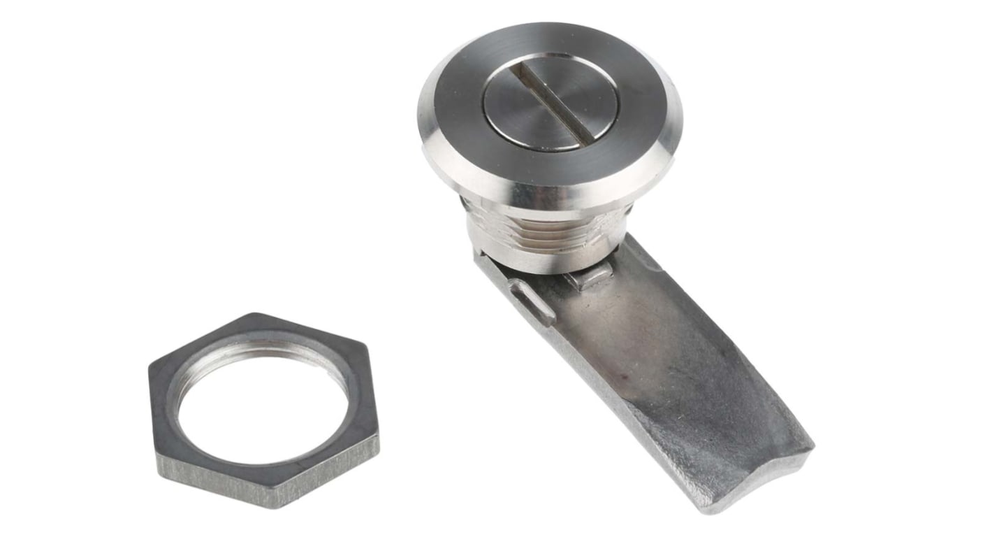 RS PRO Stainless Steel Slotted Head Lock, 18mm Panel-to-Tongue, 20.2 x 22.2mm Cutout, Slotted Head Unlock