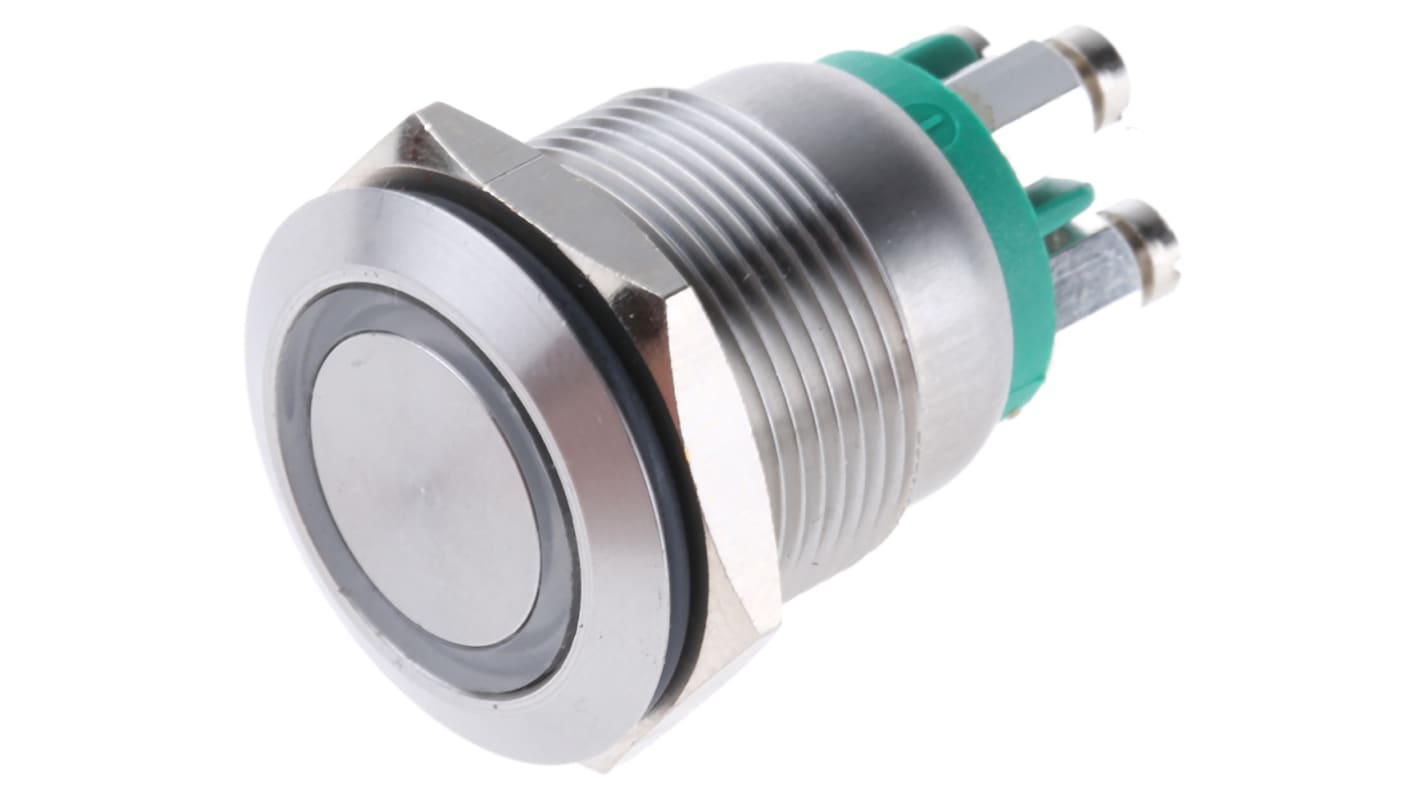 Bulgin MPI002 Series Illuminated Push Button Switch, Momentary, Panel Mount, 19.2mm Cutout, SPST, Green LED, 24V dc,