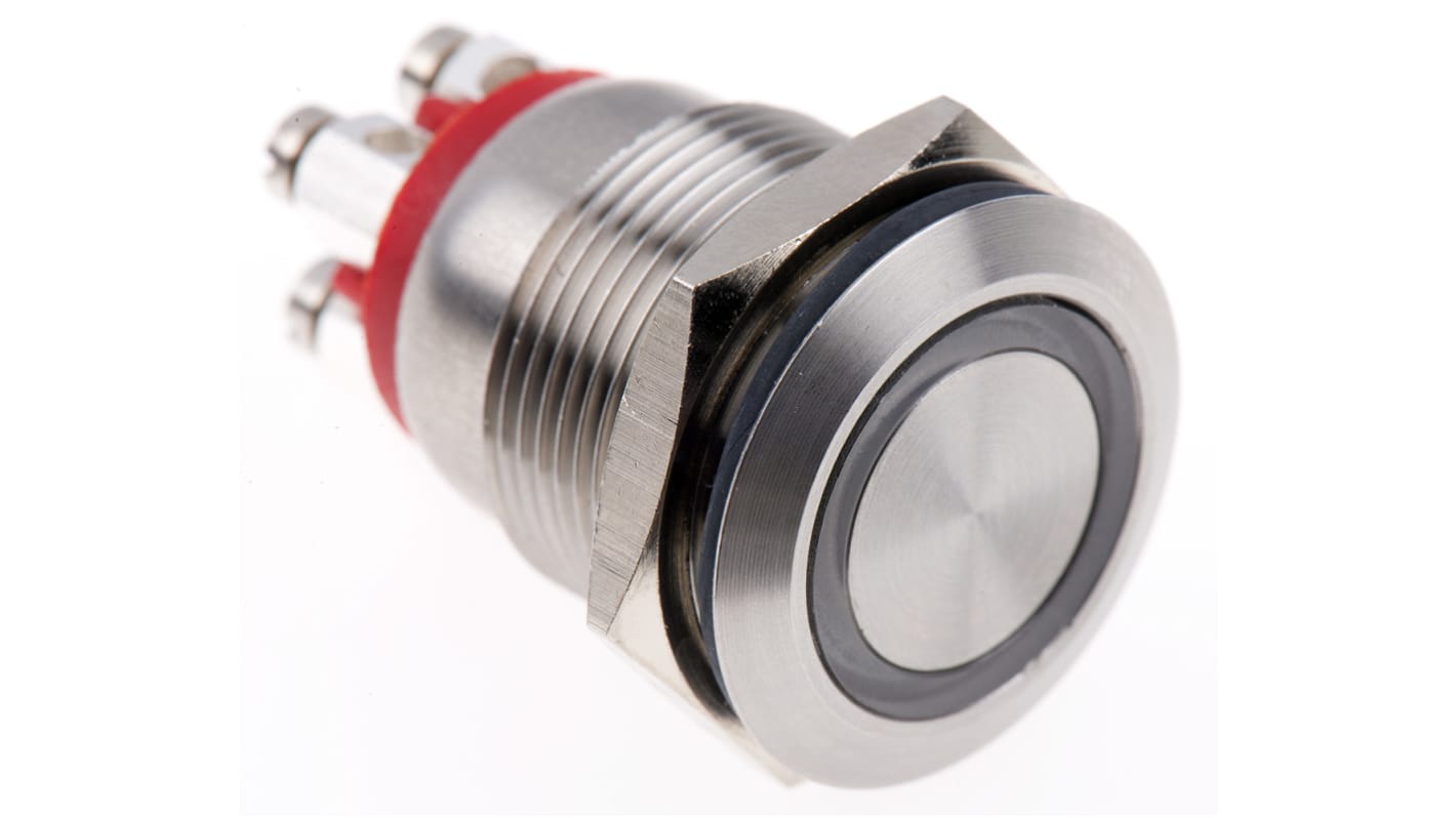 Bulgin MPI002 Series Illuminated Push Button Switch, Momentary, Panel Mount, 19.2mm Cutout, SPST, Red LED, 24V dc, IP66