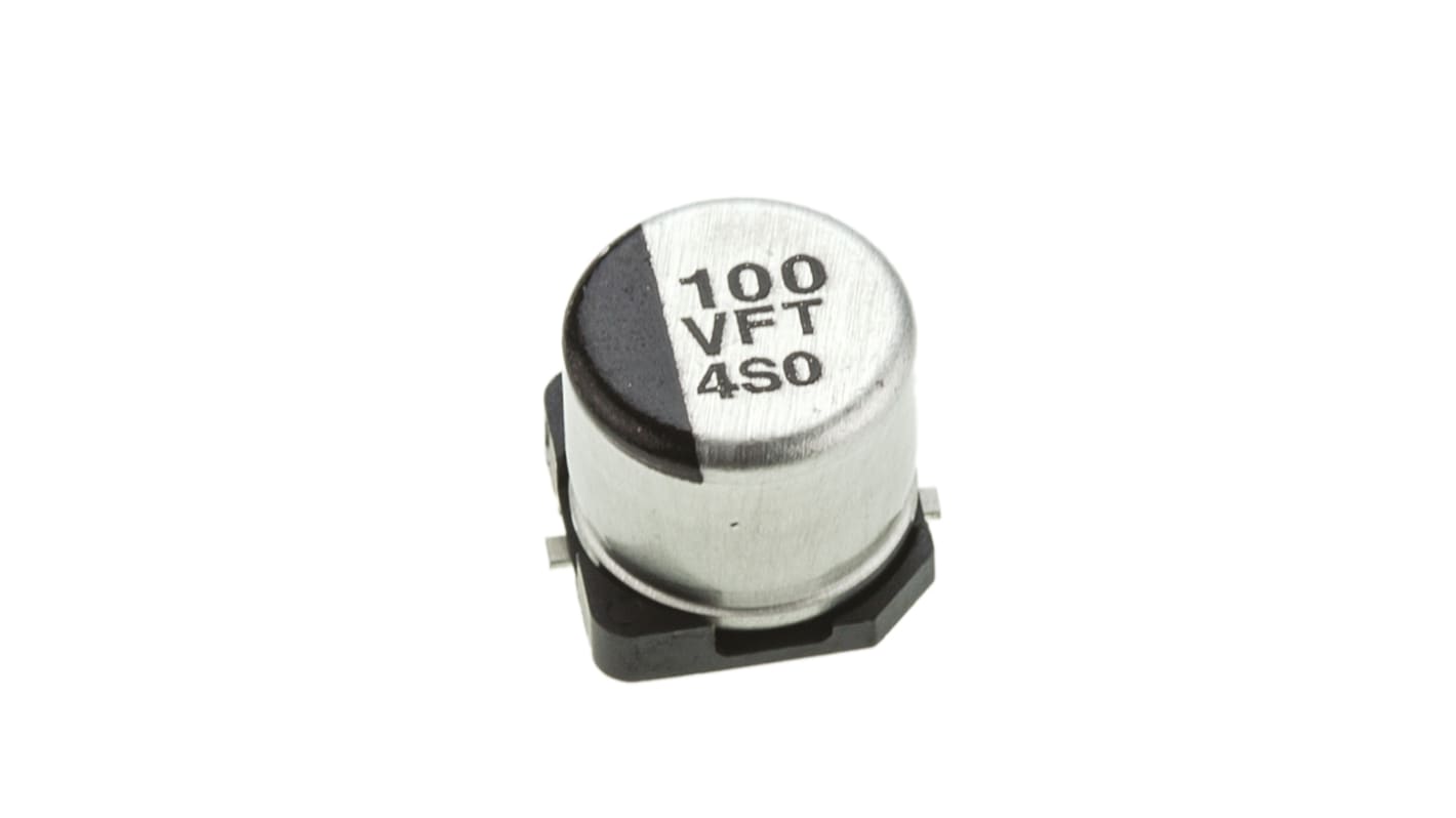 Condensador electrolítico Panasonic serie FT SMD, 100μF, ±20%, 35V dc, mont. SMD, 6.3 (Dia.) x 5.8mm, paso 1.8mm