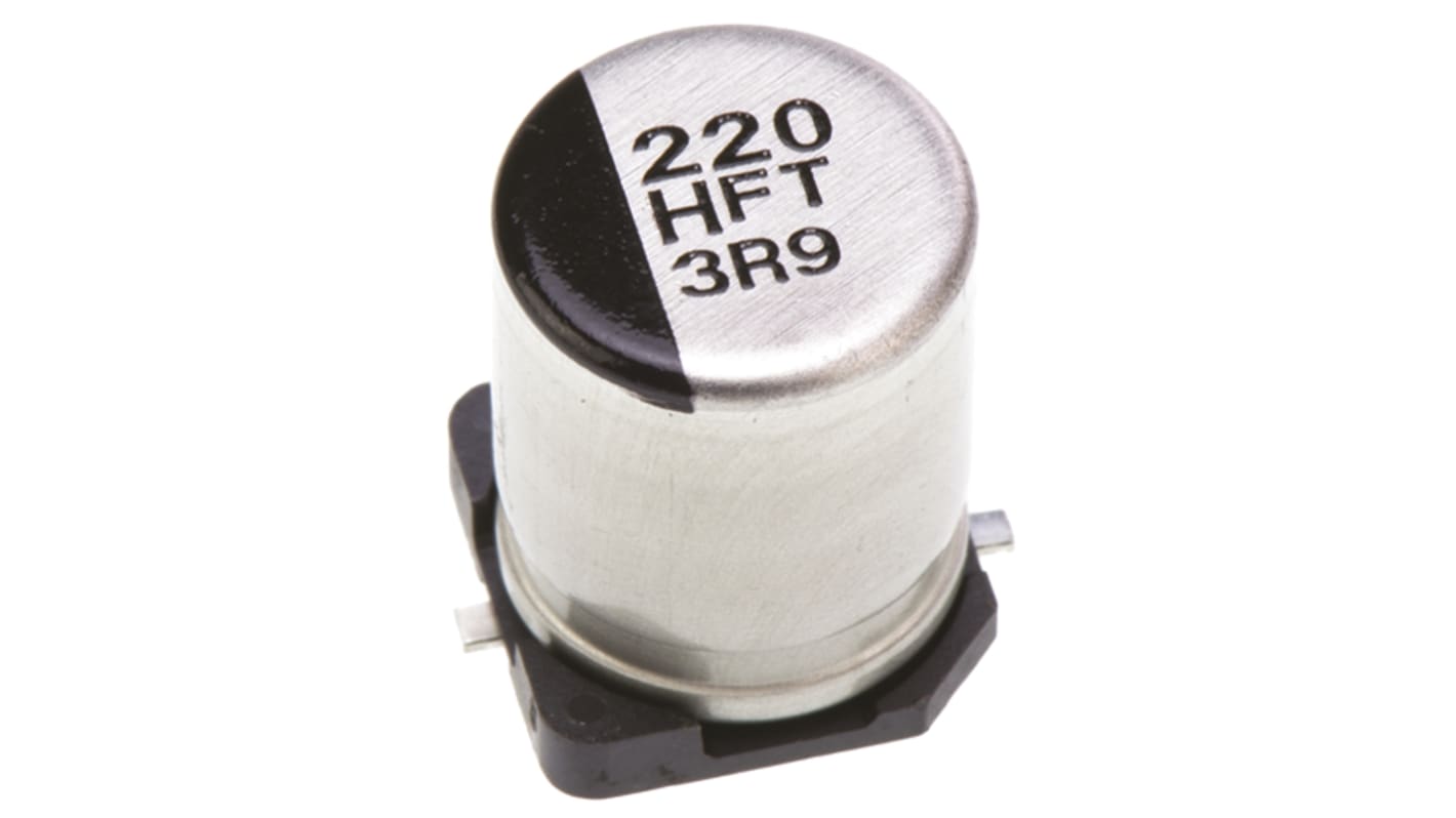 Kondenzátor, řada: FT SMD 220μF ±20% 180mΩ 50V dc, SMD Hliníkové elektrolytické AEC-Q200 Panasonic