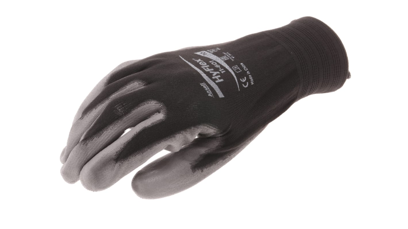 Ansell HyFlex 11-601 Black Nylon General Purpose Work Gloves, Size 10, Large, Polyurethane Coating