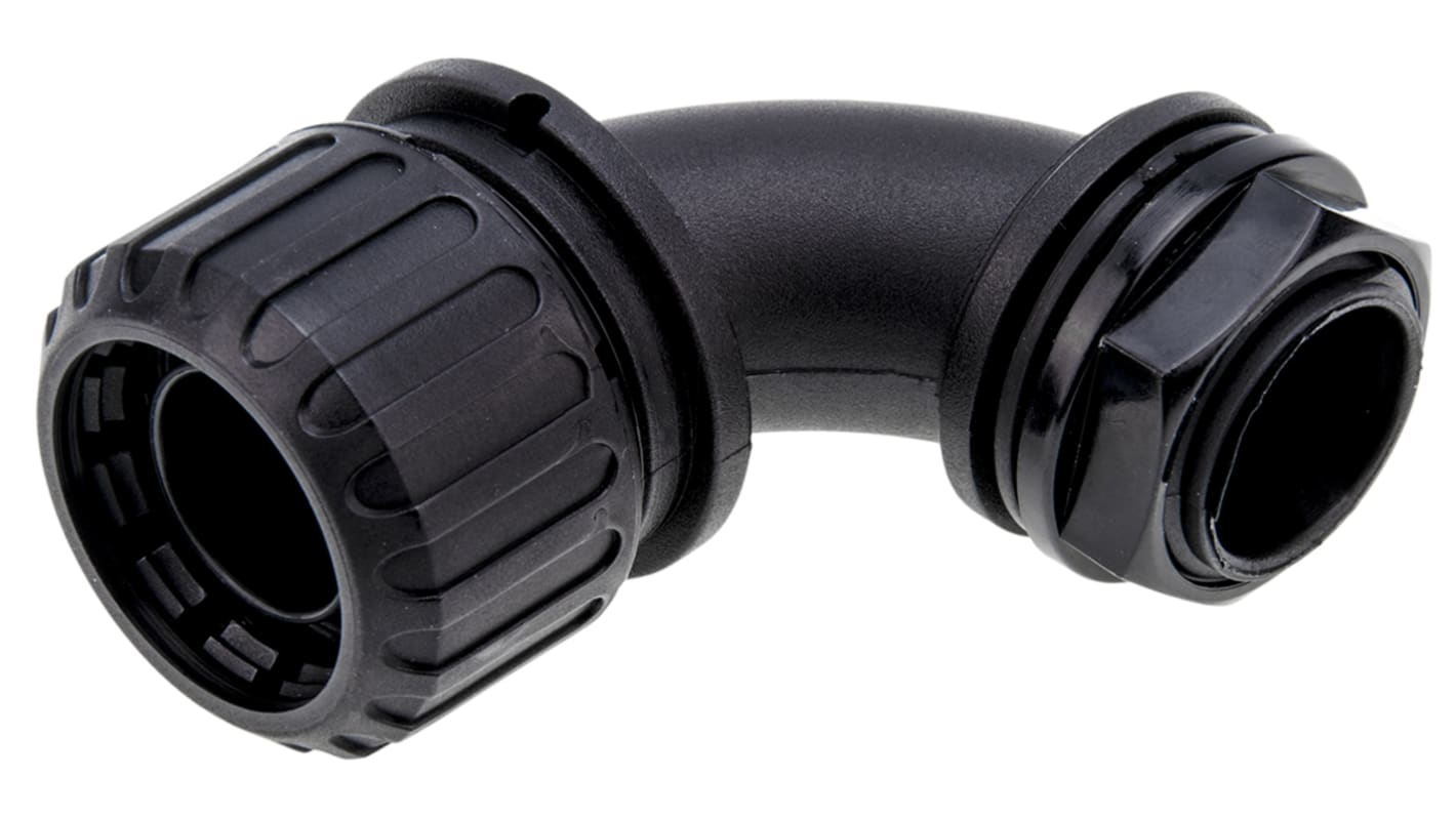 Racor para conducto Adaptaflex, Acodado 90° de Nylon 66 Negro, tamaño nom. 20mm, rosca M20, IP65