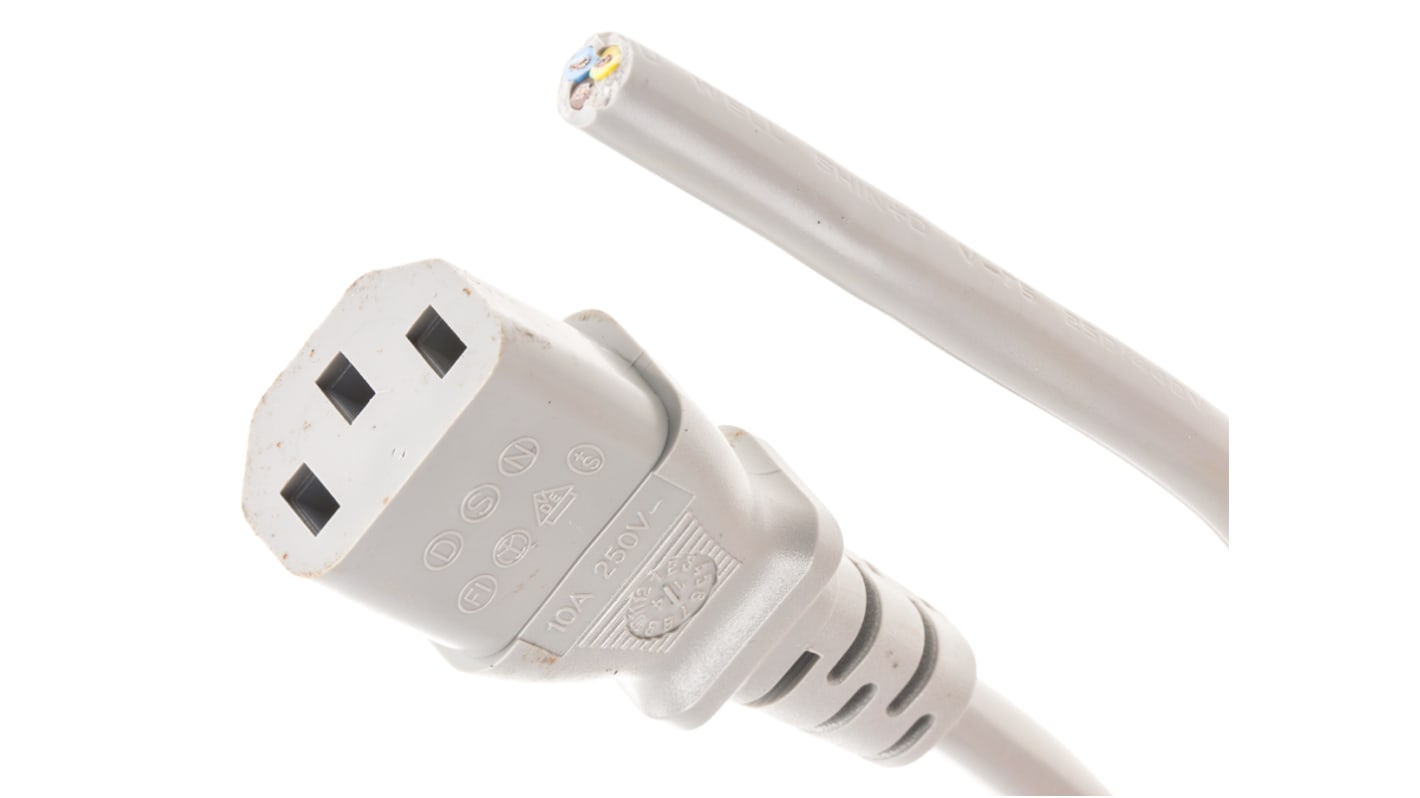 Cable de alimentación RS PRO Gris de 2m, con. A IEC C13, hembra, con. B Sin terminación, hembra, 250 V / 10 A