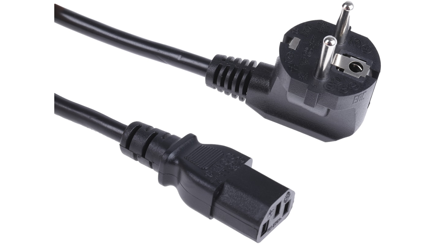 RS PRO Tápkábel, 2.5m, Fekete, IEC C13 - F típusú német Schuko dugasz, (BS 4491) 10 A, (IEC 60884-1 CEE7) 16 A, 250 V