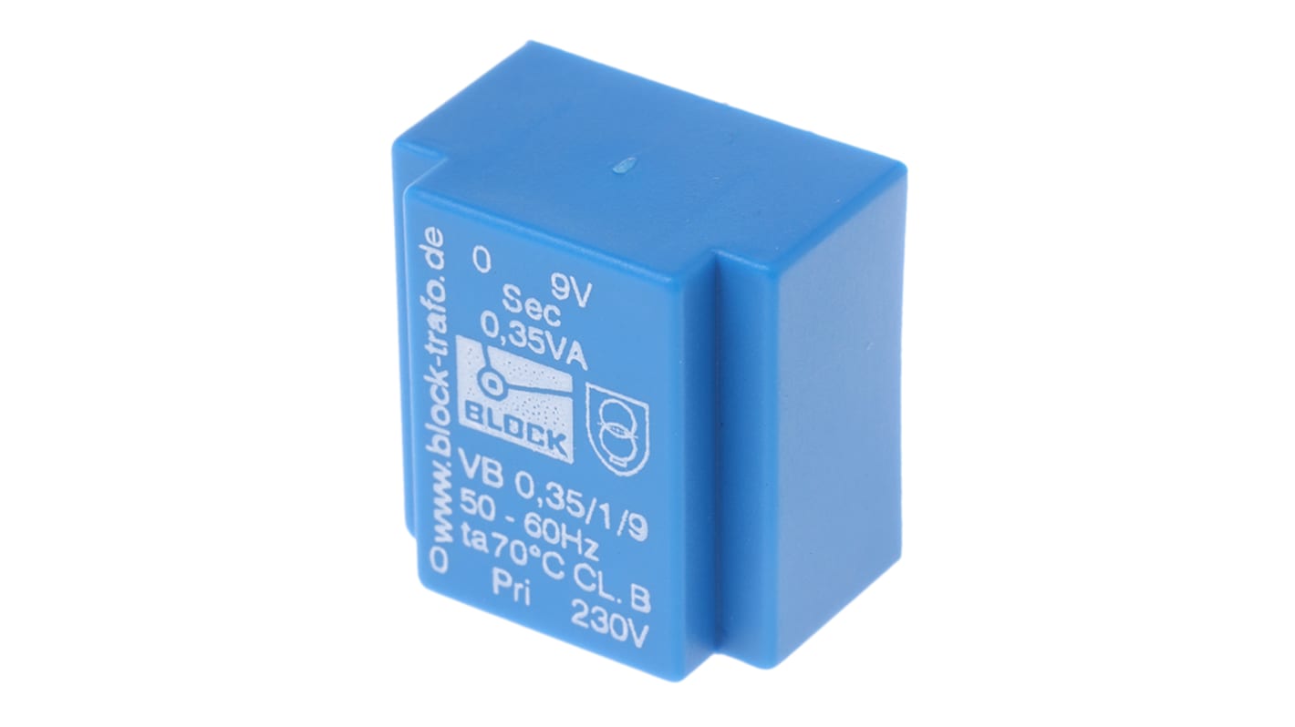 Block Printtrafo, Trafo 230V ac / 9V ac 0.35VA 1 Ausg. 22mm x 22.7mm x 15mm 20g Durchsteckmontage