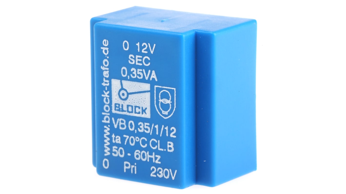 Transformateur pour circuit imprimé Block, 12V c.a., 230V c.a., 0.35VA, 1 sortie