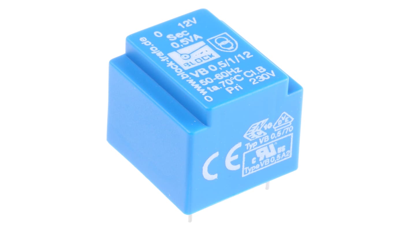 Block 基板実装用トランス 一次側：230V ac 二次側：12V ac 定格電力：0.5VA, VB 0,5/1/12 出力数：1