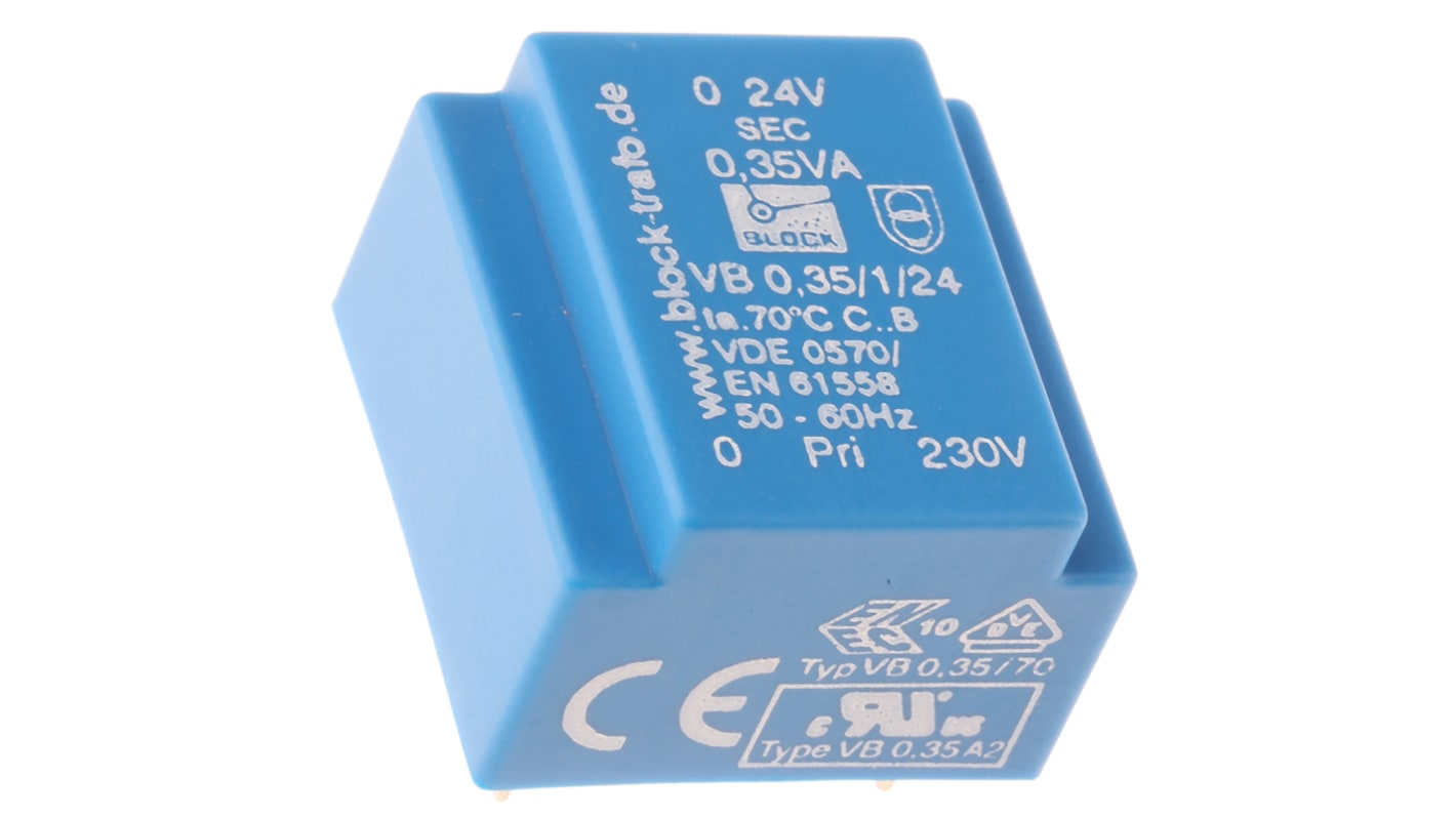 Block Printtrafo, Trafo 230V ac / 24V ac 0.35VA 1 Ausg. 22mm x 22.7mm x 15mm 20g Durchsteckmontage