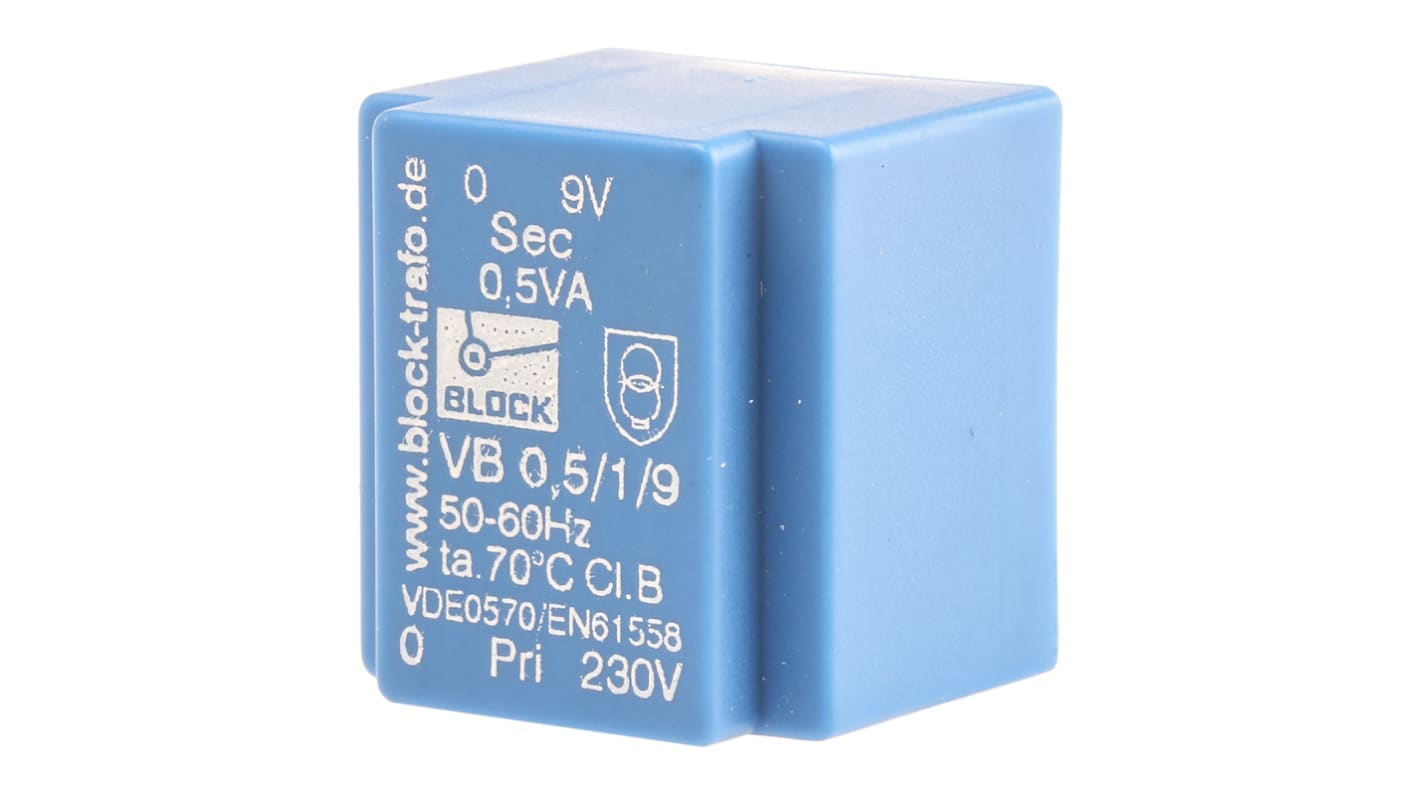Trasformatore per PCB Block, 0.5VA, primario 230V ca, secondario 9V ca, uscita uscite