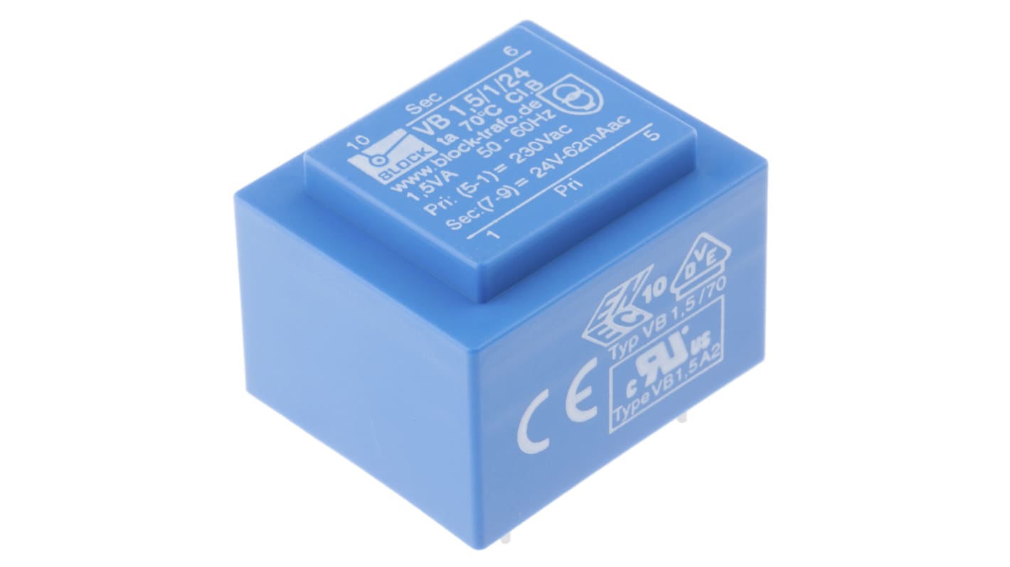 Block 基板実装用トランス 一次側：230V ac 二次側：24V ac 定格電力：1.5VA, VB 1,5/1/24 出力数：1