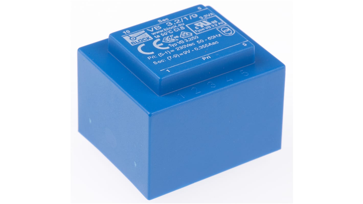 Block Printtrafo, Trafo 230V ac / 9V ac 3.2VA 1 Ausg. 41mm x 35mm x 30.8mm 170g Durchsteckmontage