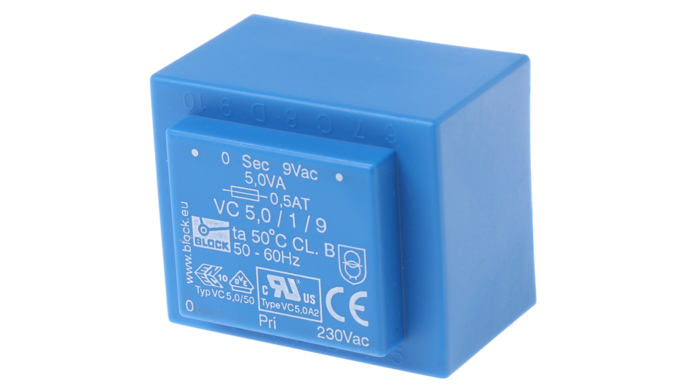 Block Printtrafo, Trafo 230V ac / 9V ac 5VA 1 Ausg. 44mm x 37mm x 33mm 190g Durchsteckmontage