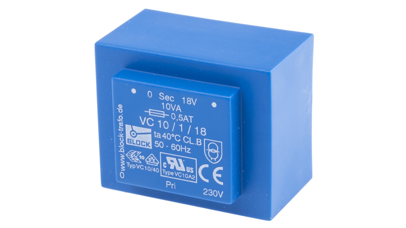 Block Printtrafo, Trafo 230V ac / 18V ac 10VA 1 Ausg. 51mm x 43mm x 34.6mm 280g Durchsteckmontage