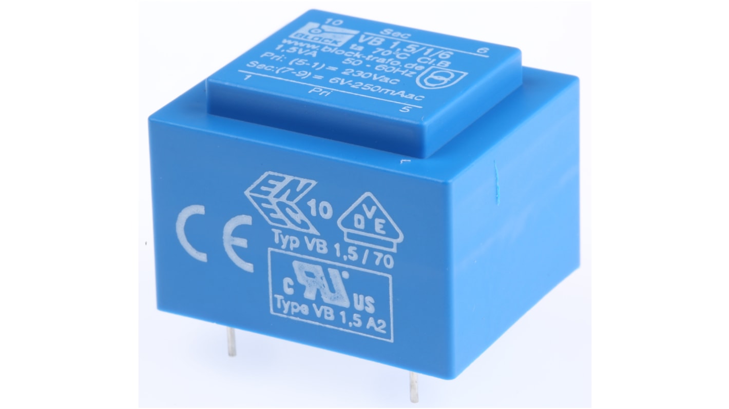 Transformateur pour circuit imprimé Block, 6V c.a., 230V c.a., 1.5VA, 1 sortie