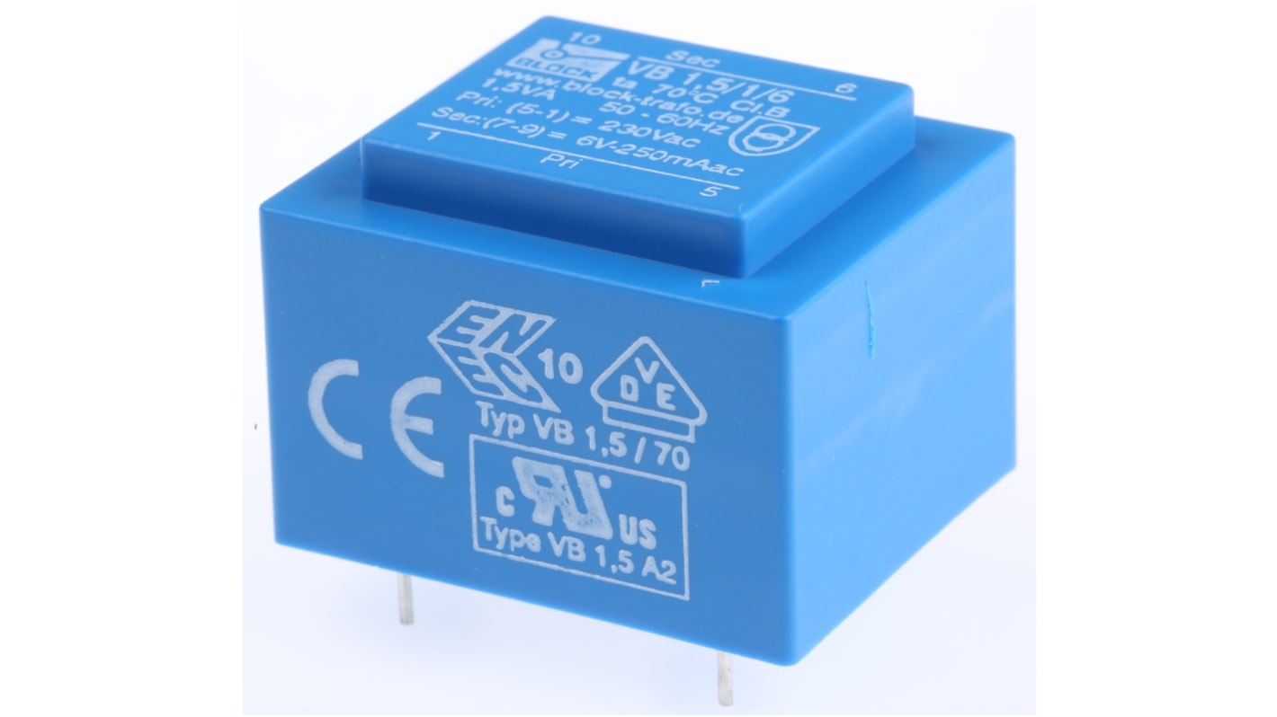 Block 基板実装用トランス 一次側：230V ac 二次側：6V ac 定格電力：1.5VA, VB 1,5/1/6 出力数：1