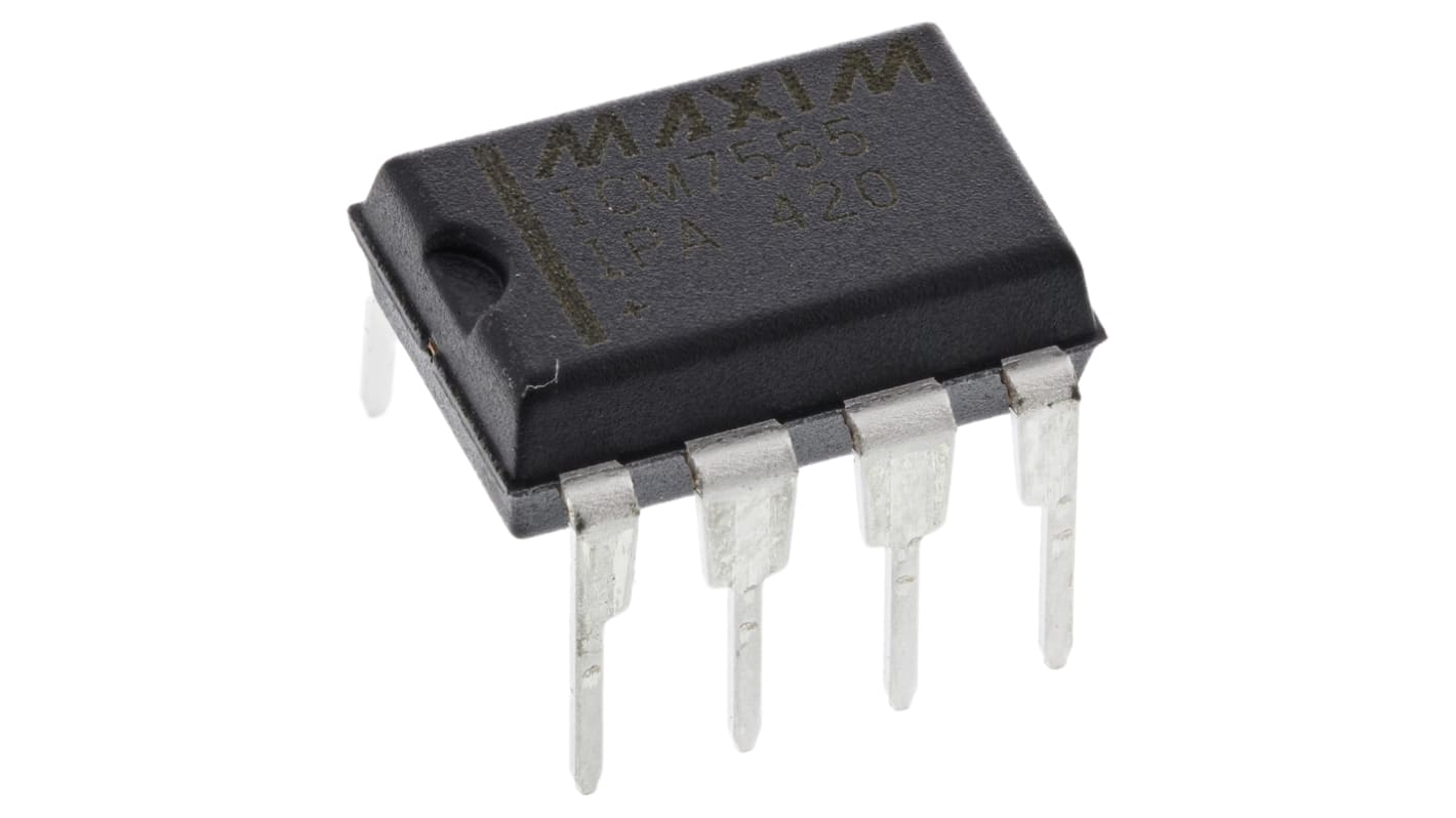 Maxim Integrated ICM7555IPA+ Időzítő áramkör, Normál 2mA 3.2mA furatszerelt, 8-tüskés PDIP, 9.525 x 15 x 3.302mm, 18 V