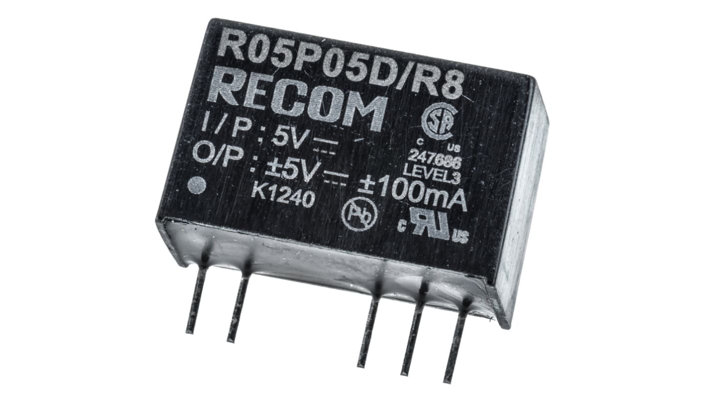 Recom R05P DC/DC-Wandler 1W 5 V dc IN, ±5V dc OUT / ±100mA Durchsteckmontage 8kV dc isoliert