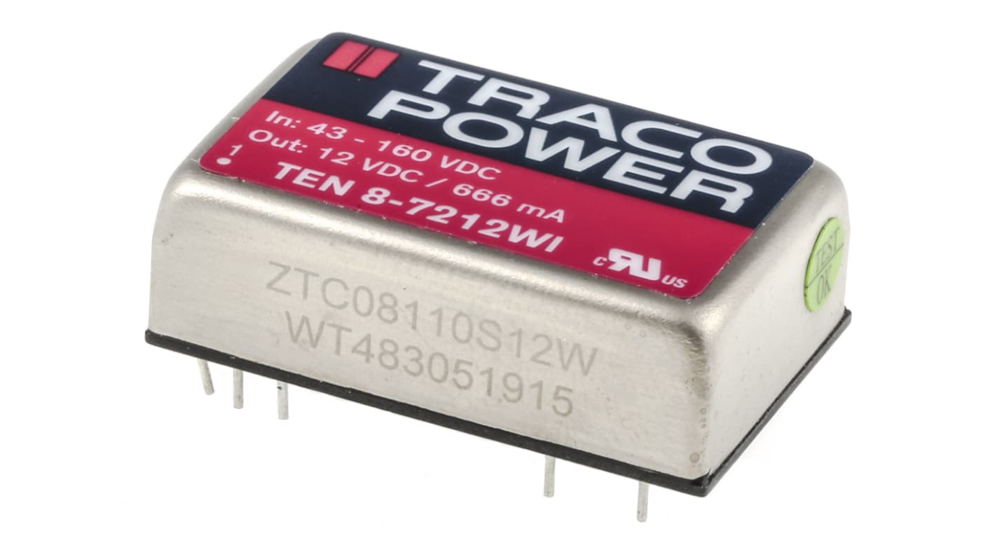 TRACOPOWER DC-DCコンバータ Vout：12V dc 43 → 160 V dc, 8W, TEN 8-7212WI