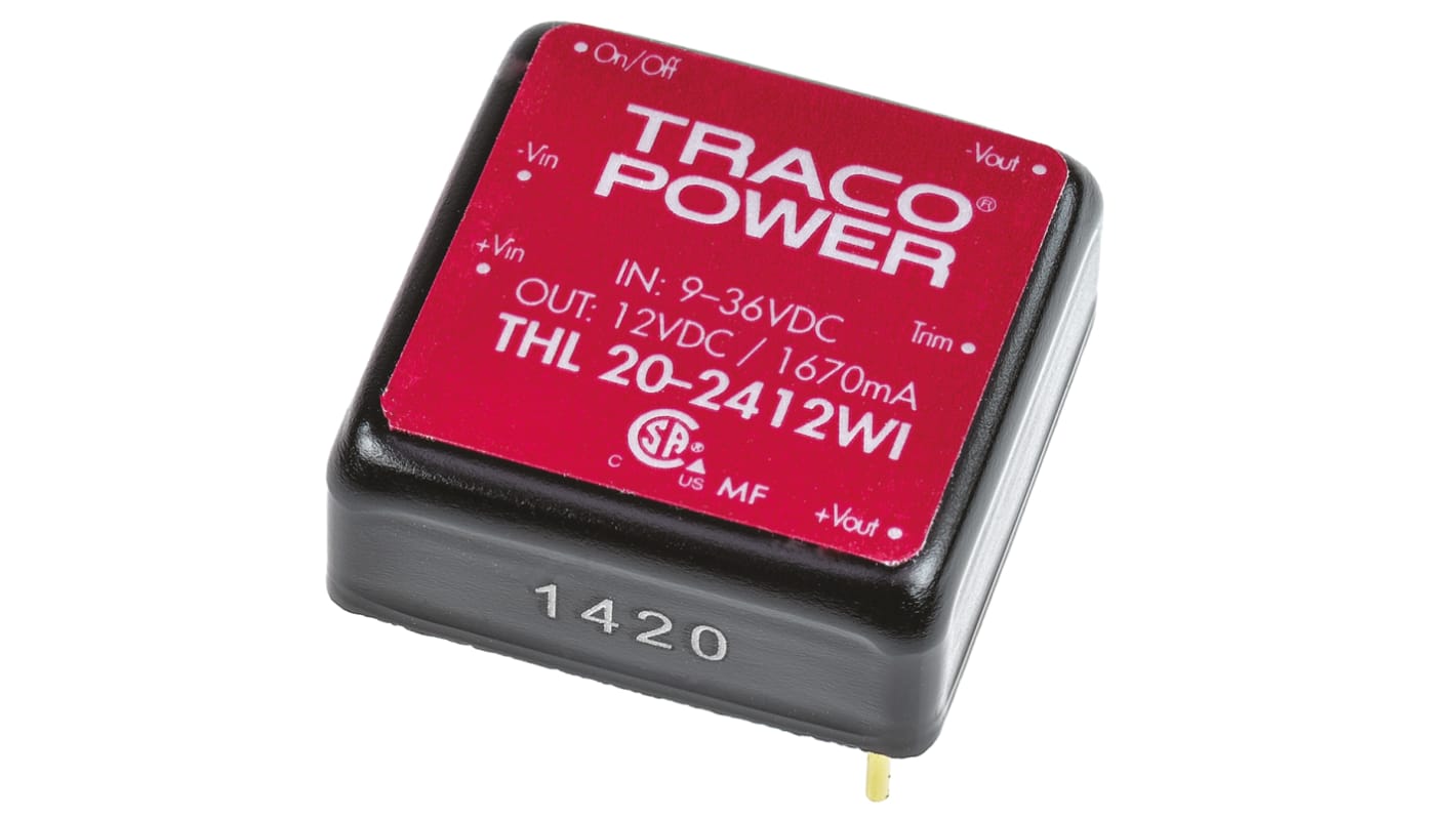 TRACOPOWER THL 20WI DC-DC Converter, 12V dc/ 1.67A Output, 9 → 36 V dc Input, 20W, Through Hole, +85°C Max Temp