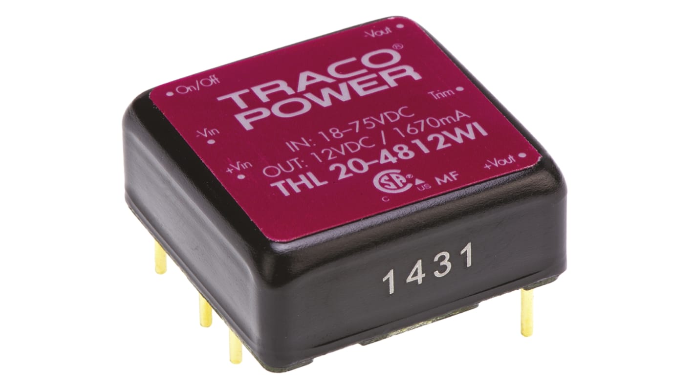 TRACOPOWER THL 20WI DC-DC Converter, 12V dc/ 1.67A Output, 18 → 75 V dc Input, 20W, Through Hole, +85°C Max Temp