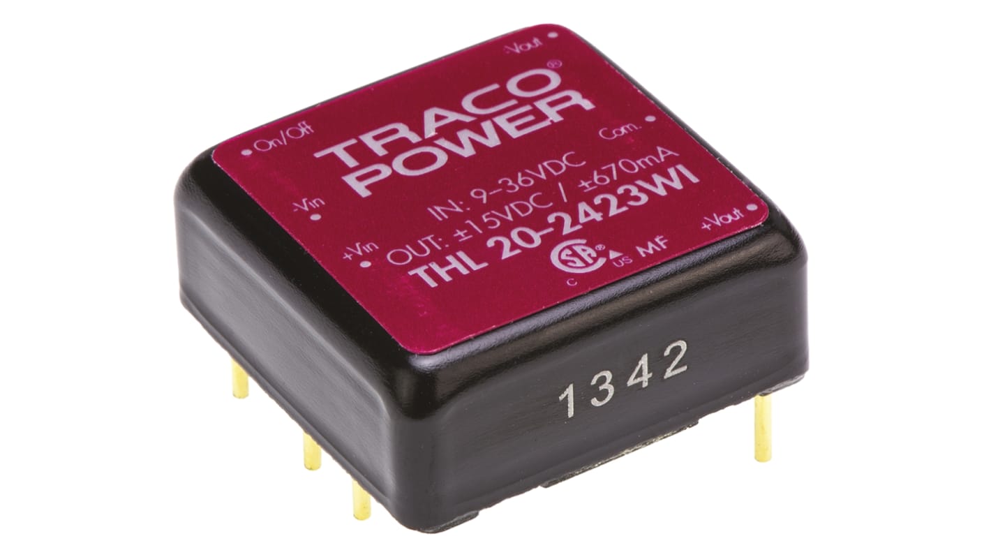 Convertisseur DC-DC TRACOPOWER, THL 20WI, Montage traversant, 20W, 2 sorties, ±15V c.c., ±670mA