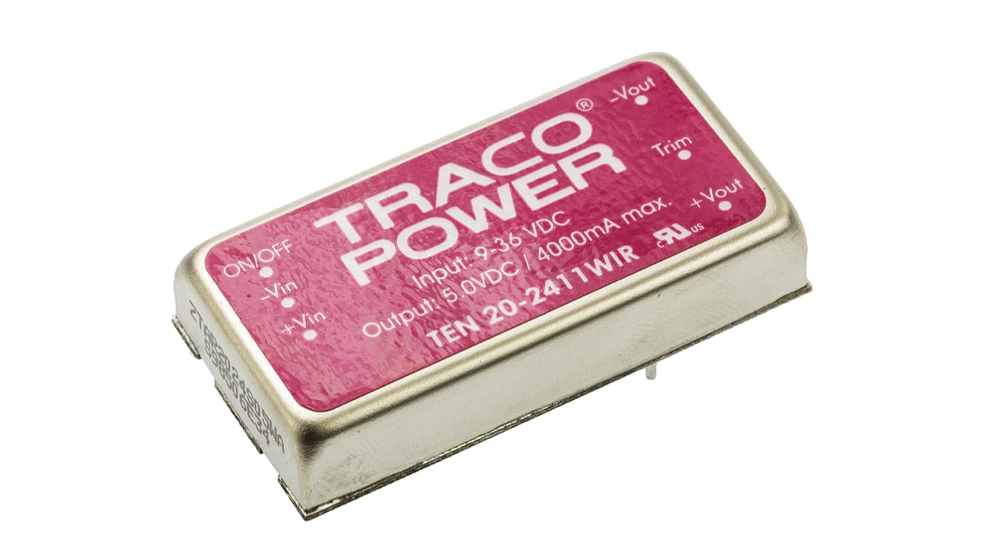 Convertisseur DC-DC TRACOPOWER, TEN 20WIR, Montage traversant, 20W, 1 sortie, 5V c.c., 4A