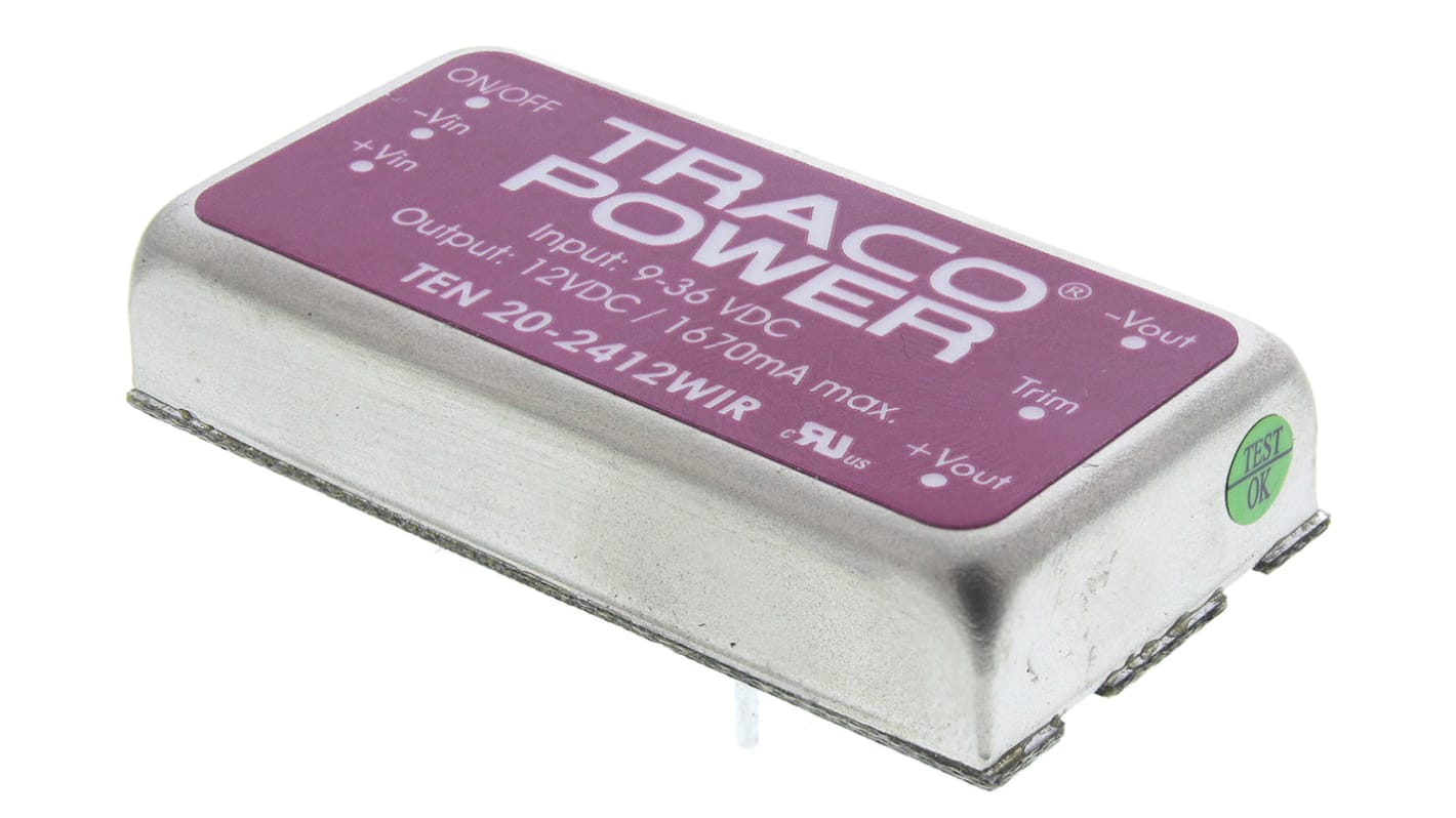 TRACOPOWER TEN 20WIR DC-DC Converter, 12V dc/ 1.67A Output, 9 → 36 V dc Input, 20W, Through Hole, +85°C Max Temp