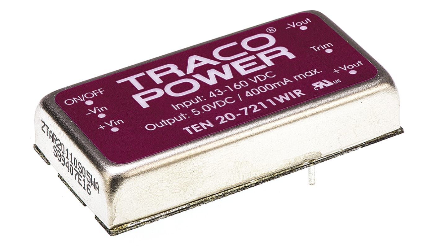 TRACOPOWER DC-DCコンバータ Vout：5V dc 43 → 160 V dc, 20W, TEN 20-7211WIR