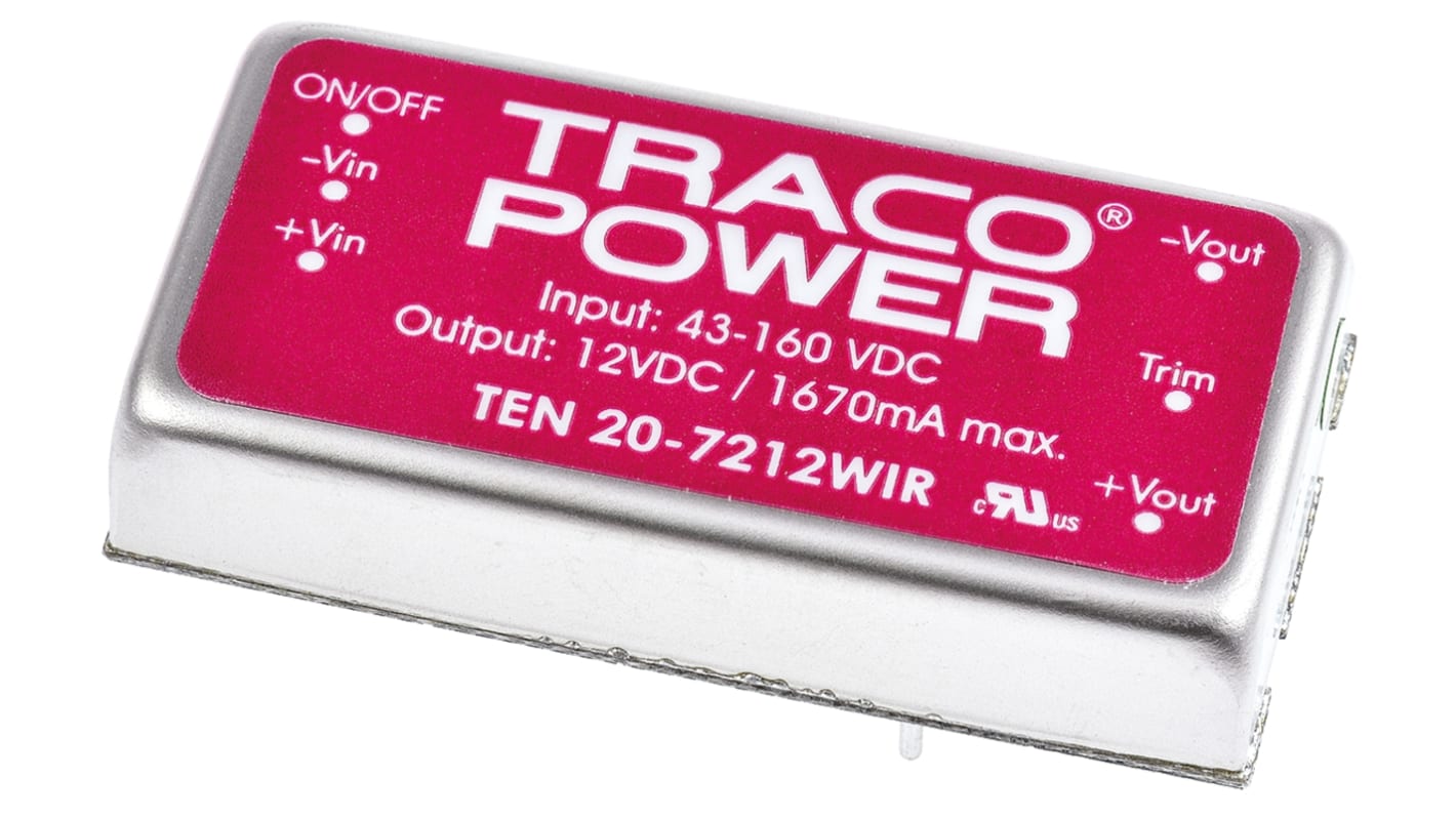 TRACOPOWER TEN 20WIR DC/DC-Wandler 20W 72 V dc IN, 12V dc OUT / 1.67A Durchsteckmontage 1.5kV dc isoliert