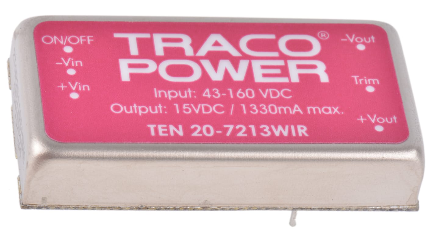 TRACOPOWER DC-DCコンバータ Vout：15V dc 43 → 160 V dc, 20W, TEN 20-7213WIR