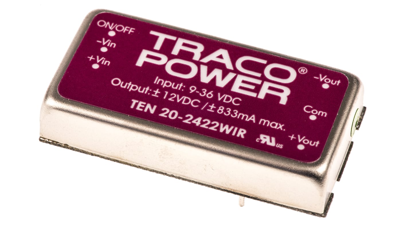 Przetwornica DC-DC, 20W, Uwe 9 → 36 V DC, Uwy ±12V dc, Iwy ±833mA Tak, TRACOPOWER Nie