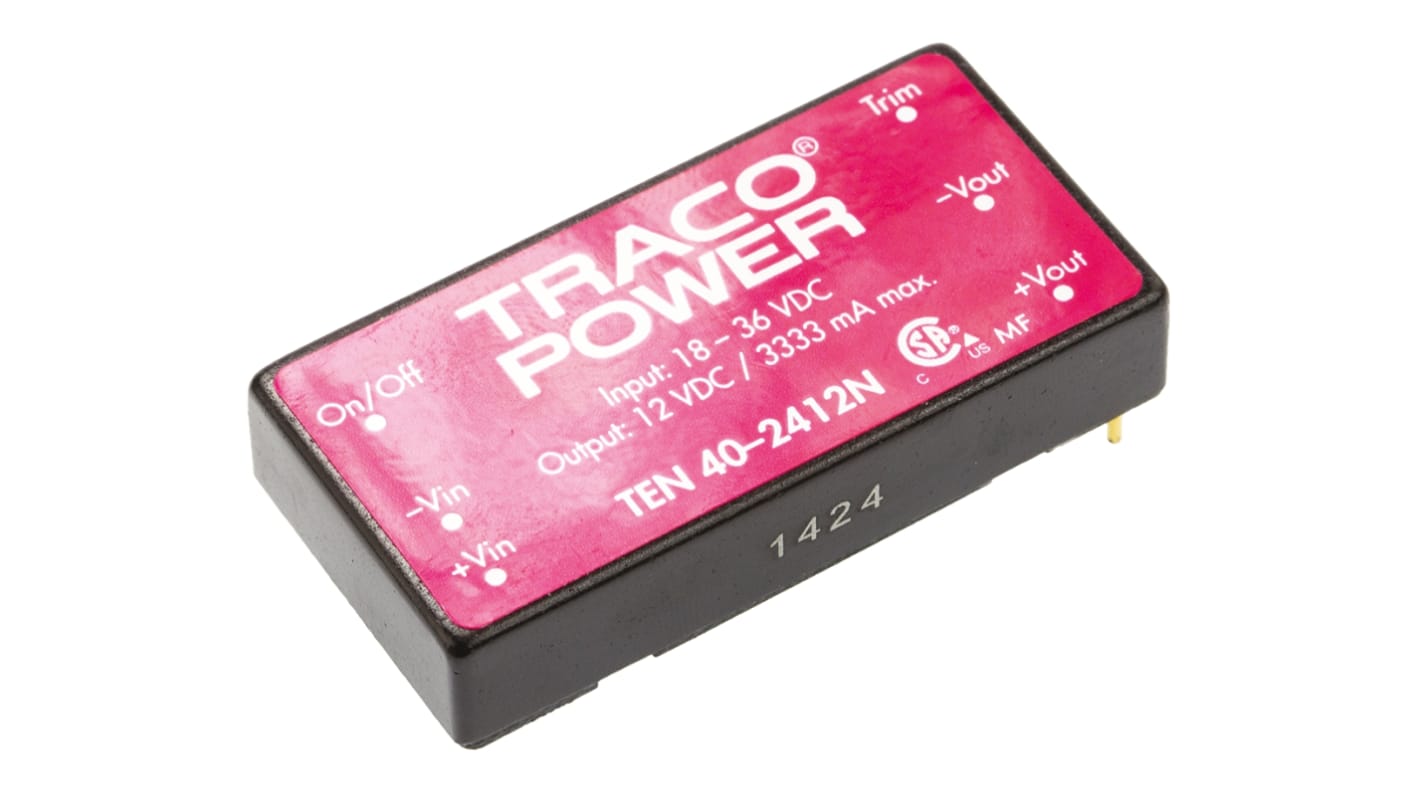 TRACOPOWER TEN 40N DC-DC Converter, 12V dc/ 3.33A Output, 18 → 36 V dc Input, 40W, Through Hole, +80°C Max Temp