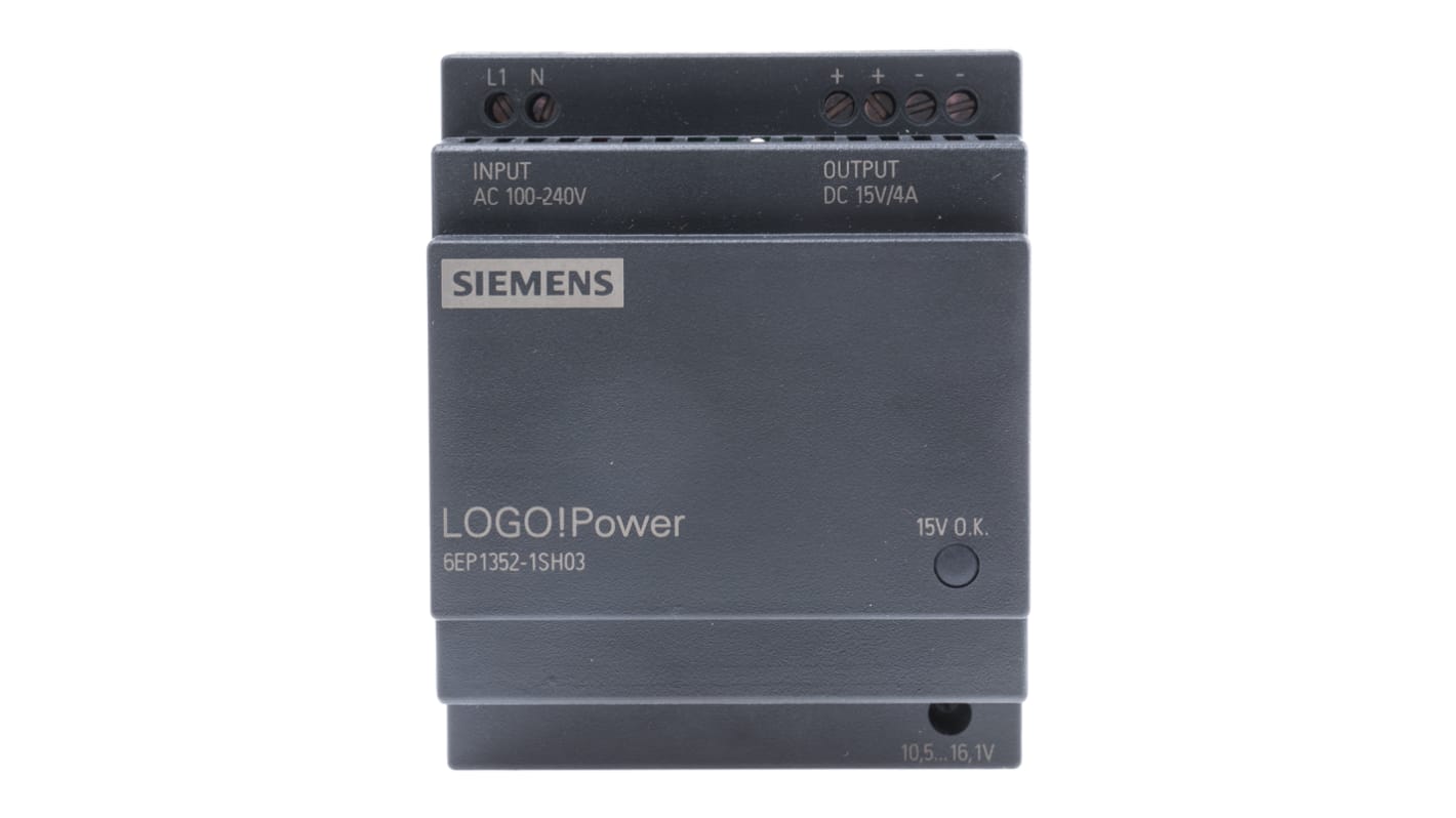 Siemens Switch Mode DIN Rail Panel Mount Power Supply, 230V ac, 15V dc, 4A Output, 50W