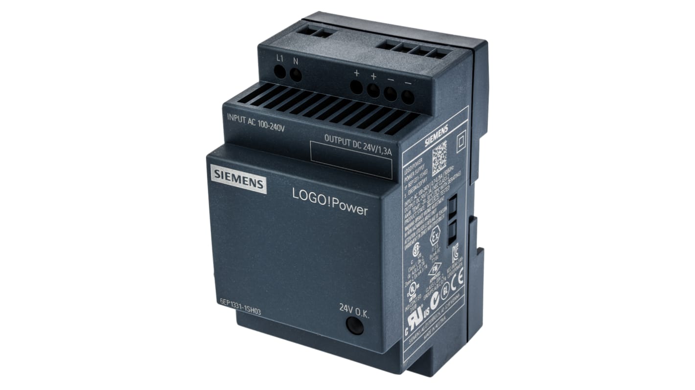 Siemens LOGO!POWER Switch-Mode DIN-Schienen Netzteil 30W, 100 → 240V ac, 24V dc / 1.3A